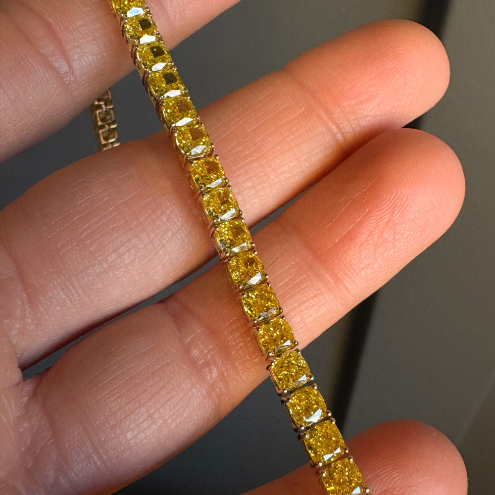 OBFJ0344 - 17.50 ctw 14k Lab Grown Cushion Cut Fancy Vivid Yellow Diamond Tennis Bracelet - Paige 4