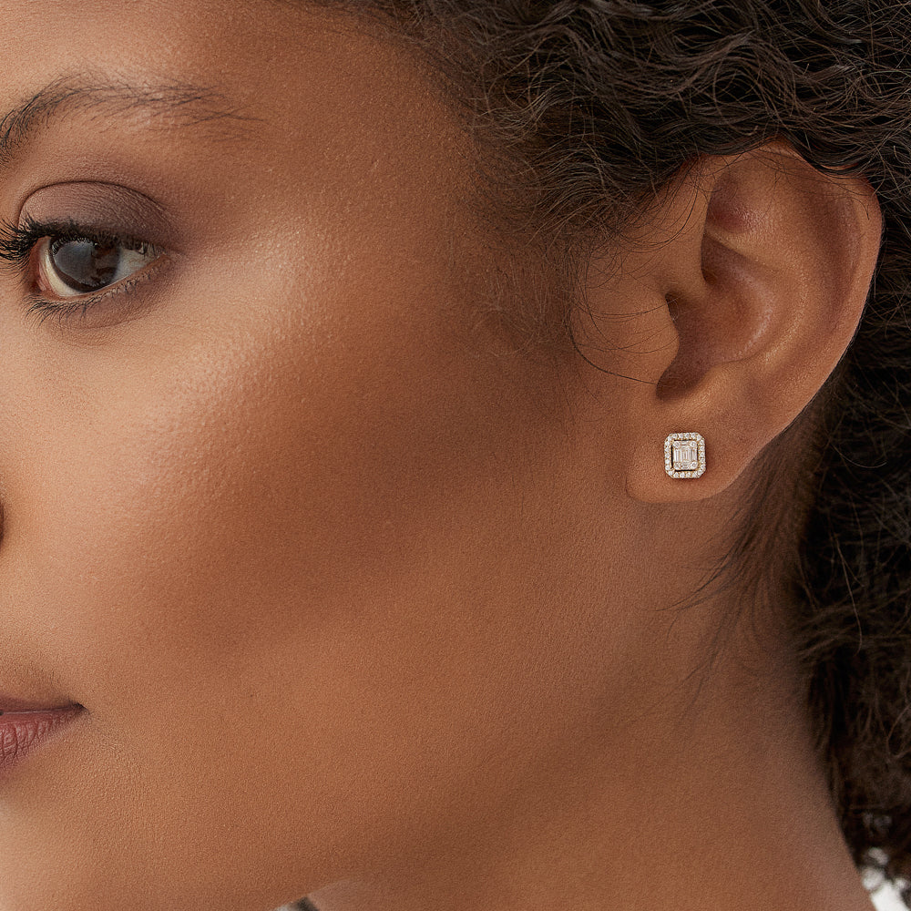 OBFJ1468 - 14k Baguette and Round Diamond Studs Halo Setting 6
