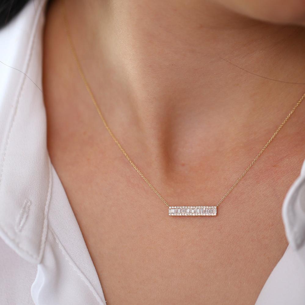 OBFJ0122 - 14k Rose Gold Baguette Diamond Horizontal Necklace 3