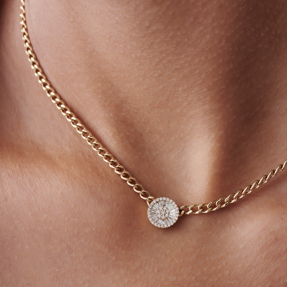 OBFJ2202 - 14k Gold Curb Link Baguette Diamond Disc Cluster Necklace 3