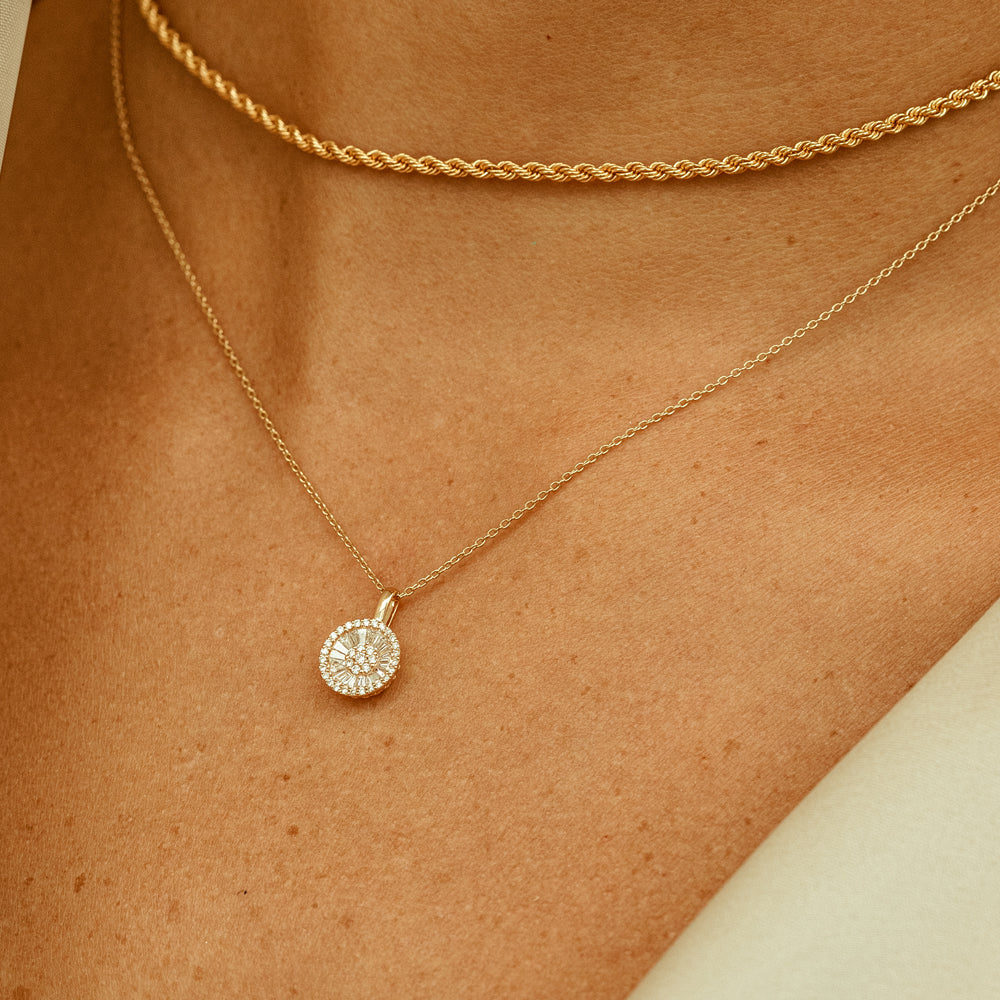 OBFJ0215 - 14K Rose Baguette Diamond Disc Cluster Necklace 4