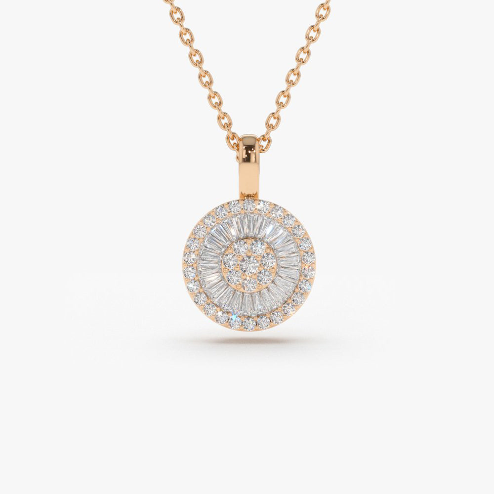 OBFJ0215 - 14K Rose Baguette Diamond Disc Cluster Necklace 1