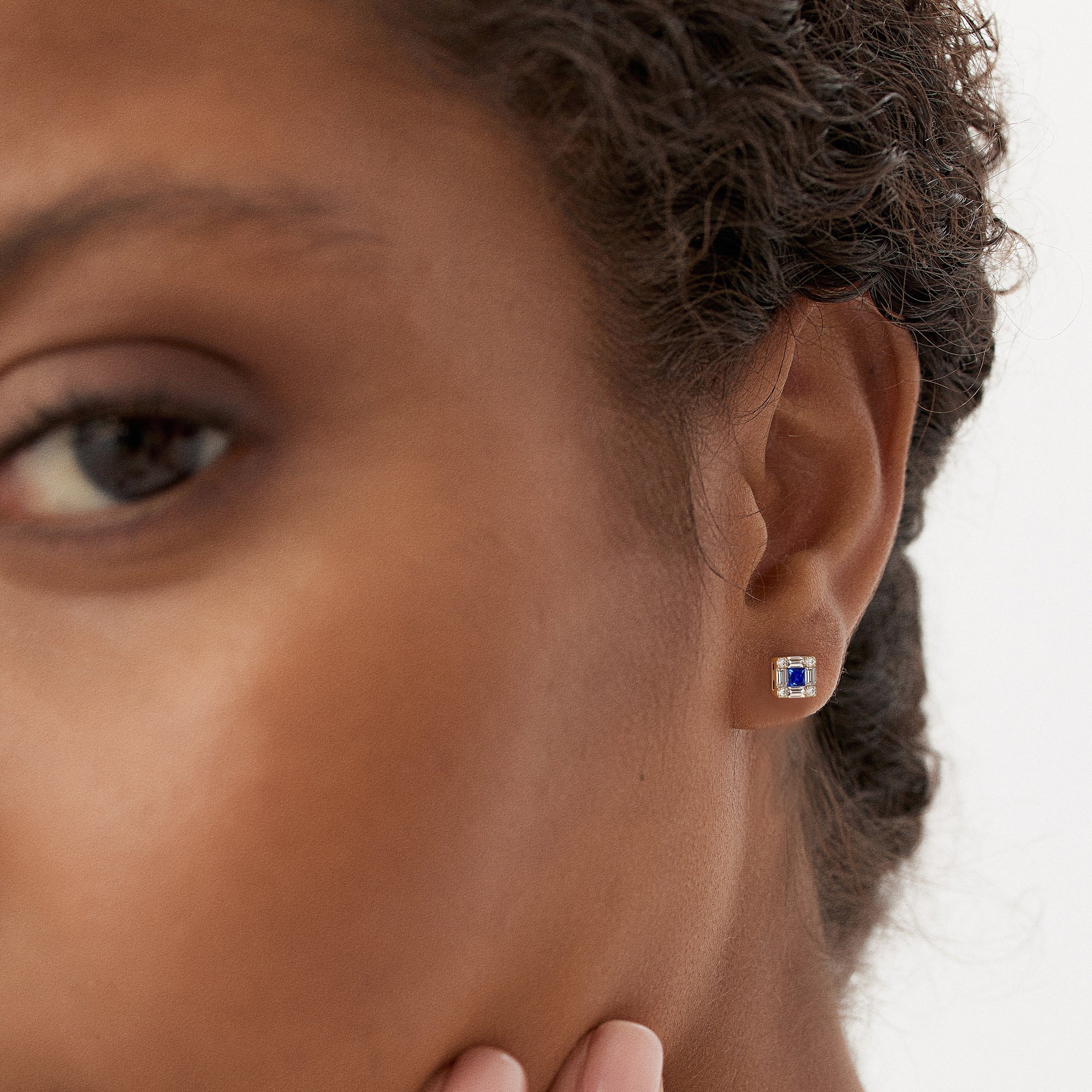 OBFJ0876 - 14K Princess-Cut Sapphire Stud Earrings with Diamond Halo 2