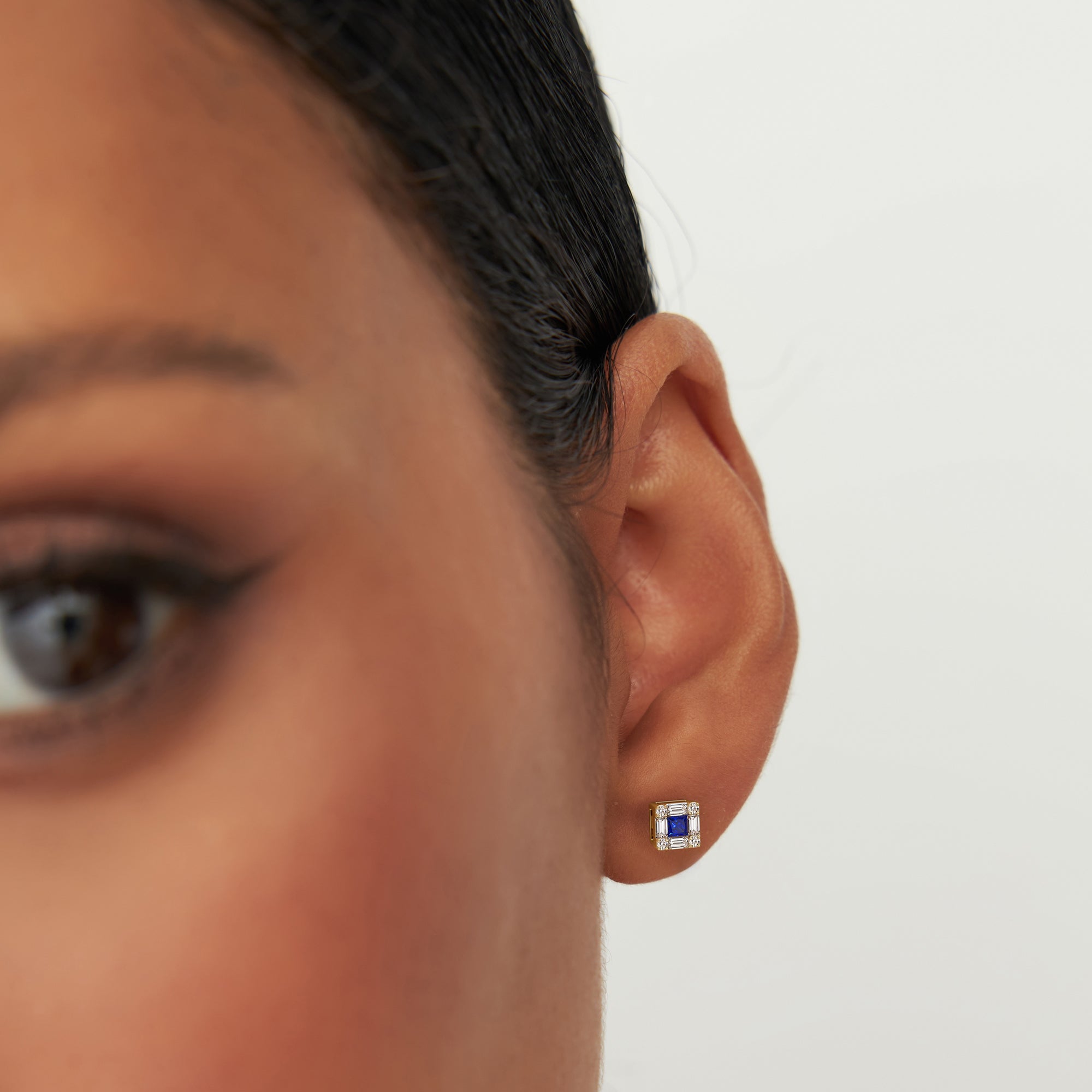 OBFJ0876 - 14K Princess-Cut Sapphire Stud Earrings with Diamond Halo 4