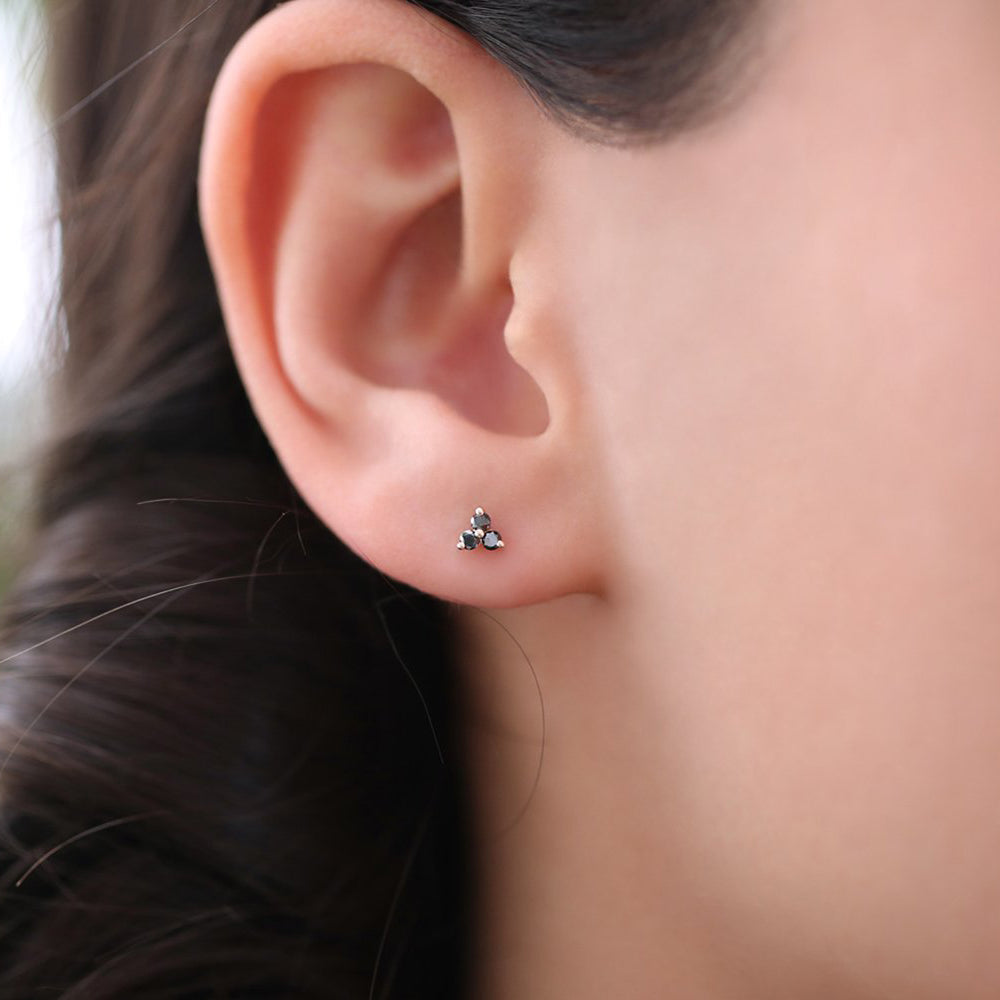 OBFJ1694 - 14K Gold Tiny Black Diamond Trio Stud Earrings 2