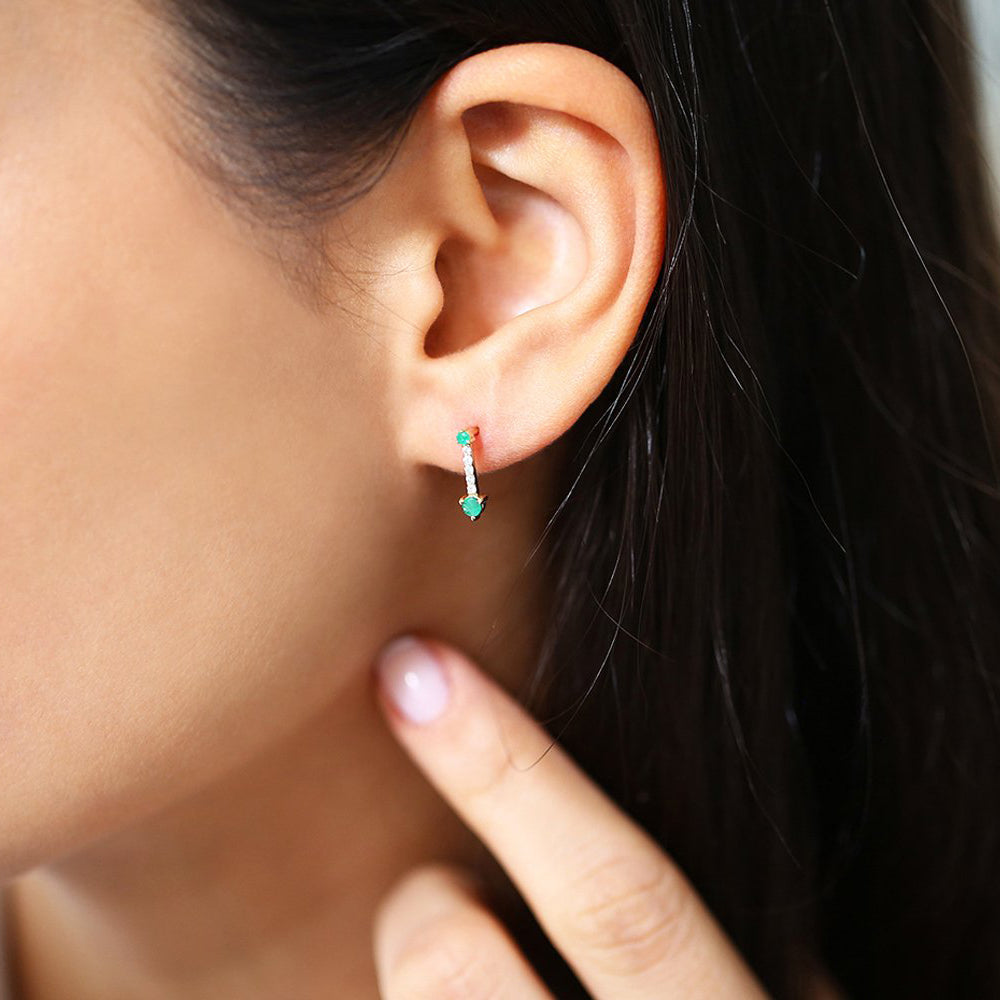 OBFJ1696 - 14K Gold Round Emerald and Diamond Earrings 3