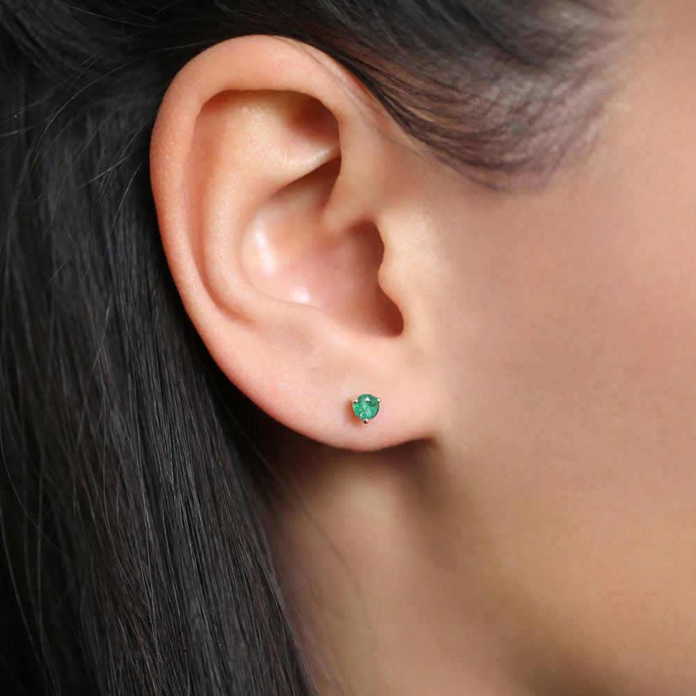 OBFJ1686 - 14K Gold Round Cut Emerald Stud Earrings 3