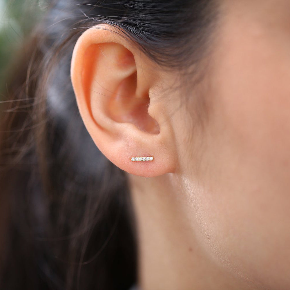 OBFJ1659 - 14K Gold Diamond Bar Stud Earrings 4