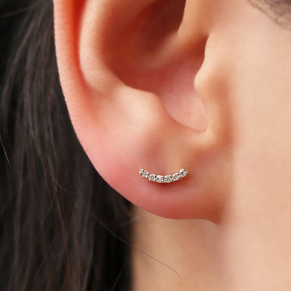 OBFJ1672 - 14K Gold Diamond Curved Bar Stud Earrings 2