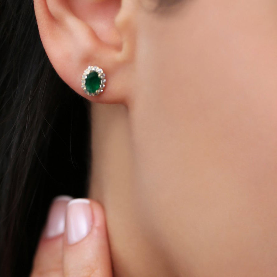OBFJ1689 - 14k Gold Oval Cut Emerald Diamond Earrings 2