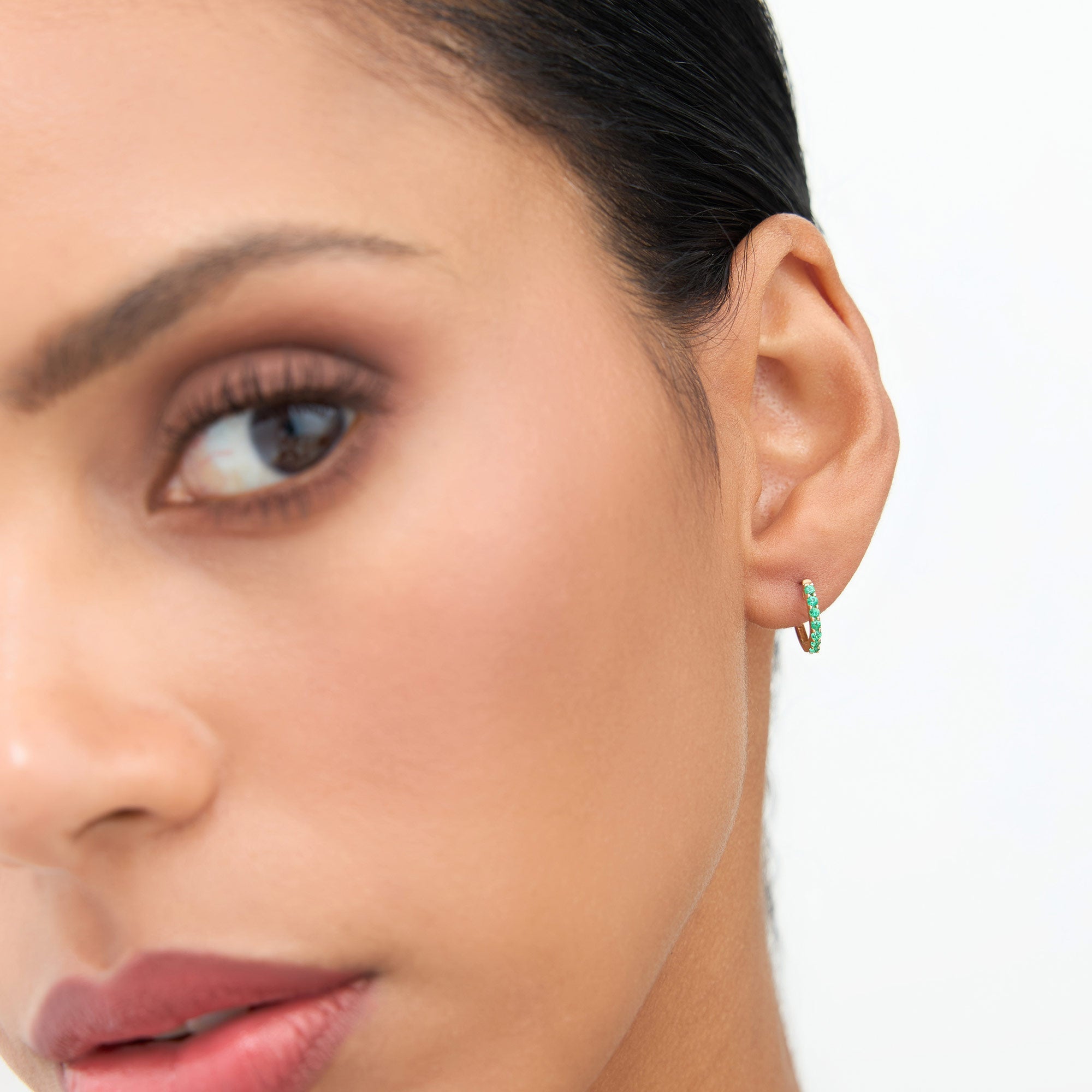 OBFJ1844 - 14K Gold Emerald Huggie Hoop Earrings 3