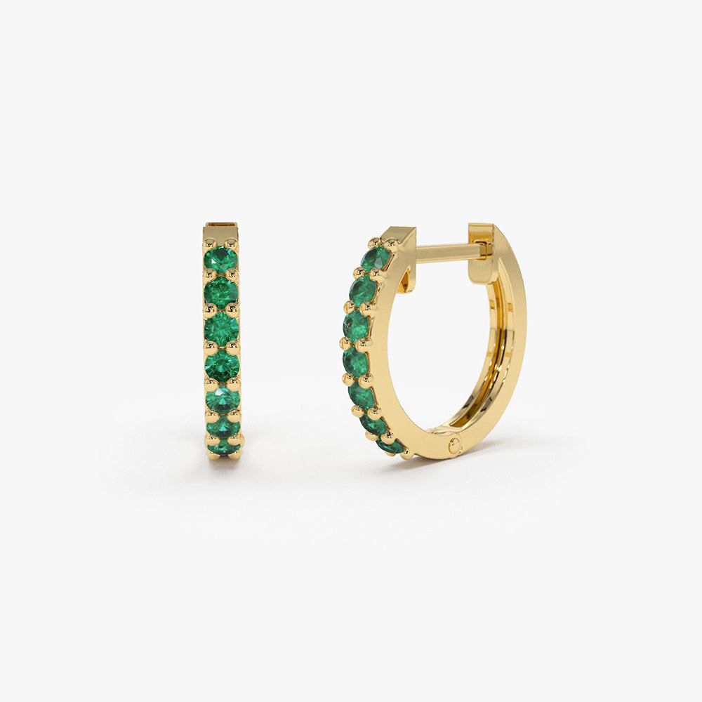 OBFJ1844 - 14K Gold Emerald Huggie Hoop Earrings 1