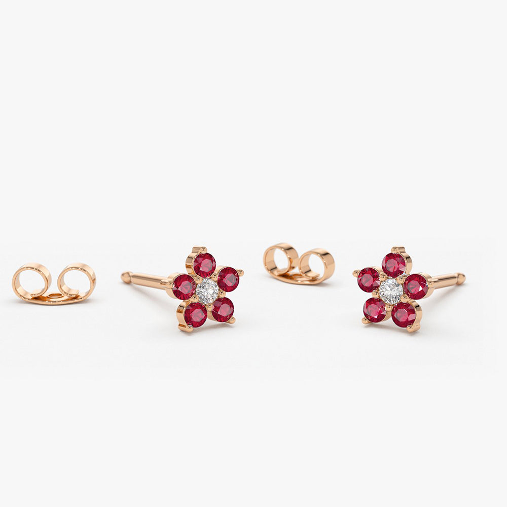 OBFJ1848 - 14K Ruby and Diamond Flower Studs 3