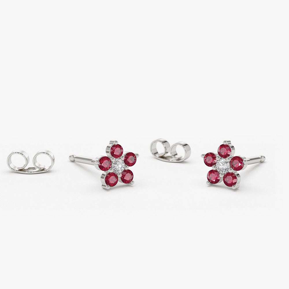 OBFJ1848 - 14K Ruby and Diamond Flower Studs 4
