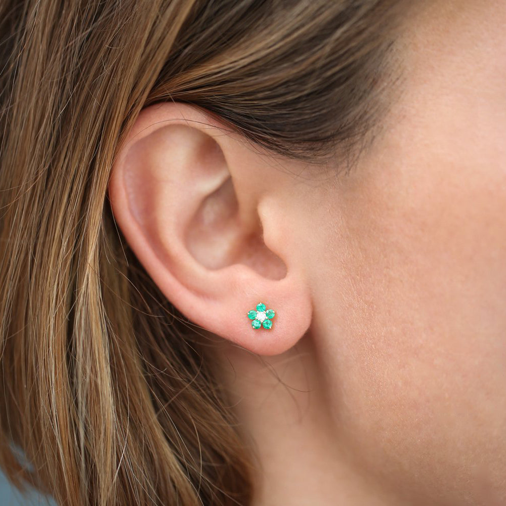 OBFJ1843 - 14K Emerald and Diamond Flower Studs 3
