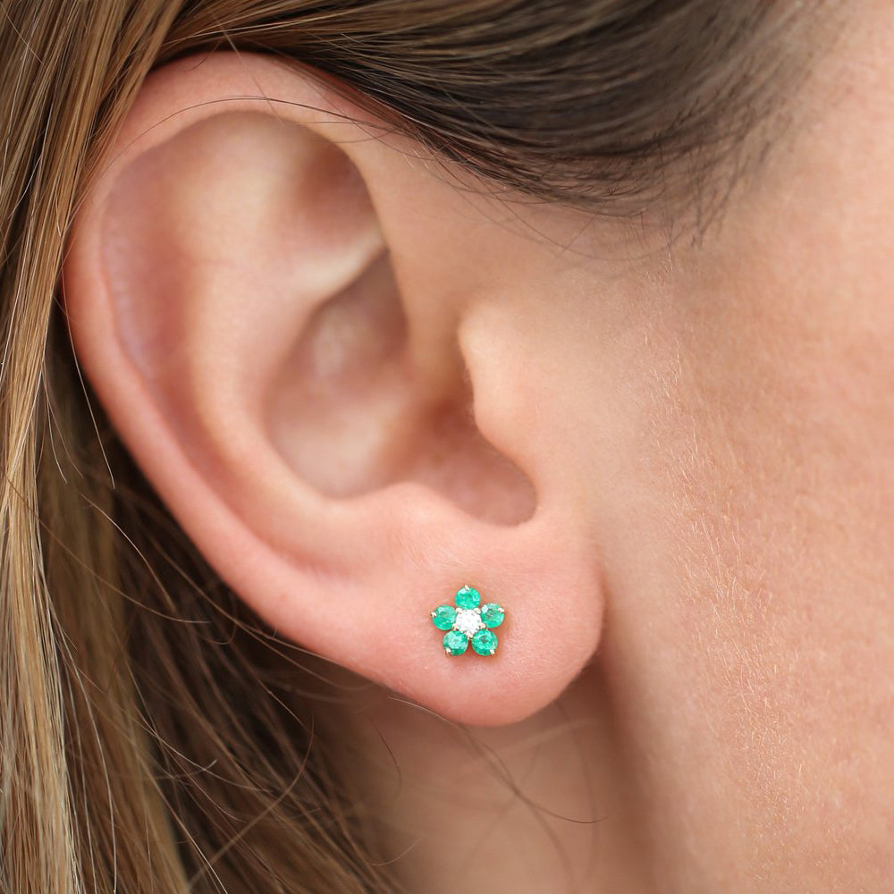 OBFJ1843 - 14K Emerald and Diamond Flower Studs 2