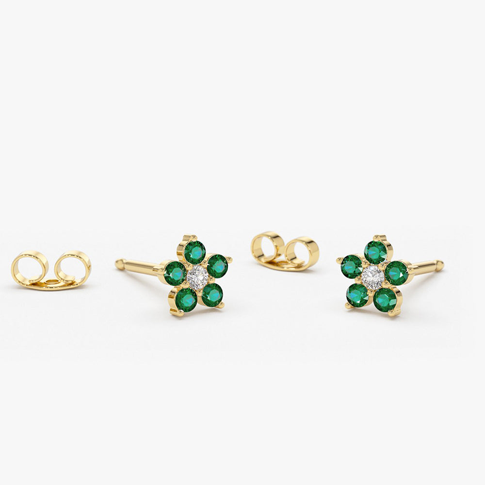 OBFJ1843 - 14K Emerald and Diamond Flower Studs 1