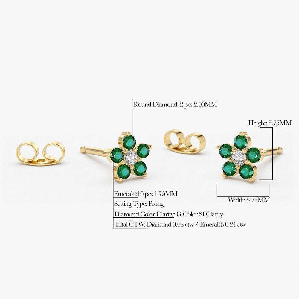 OBFJ1843 - 14K Emerald and Diamond Flower Studs 4