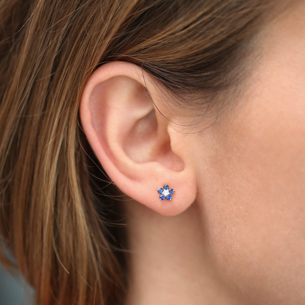 OBFJ1865 - 14k Sapphire and Diamond Flower Studs 2