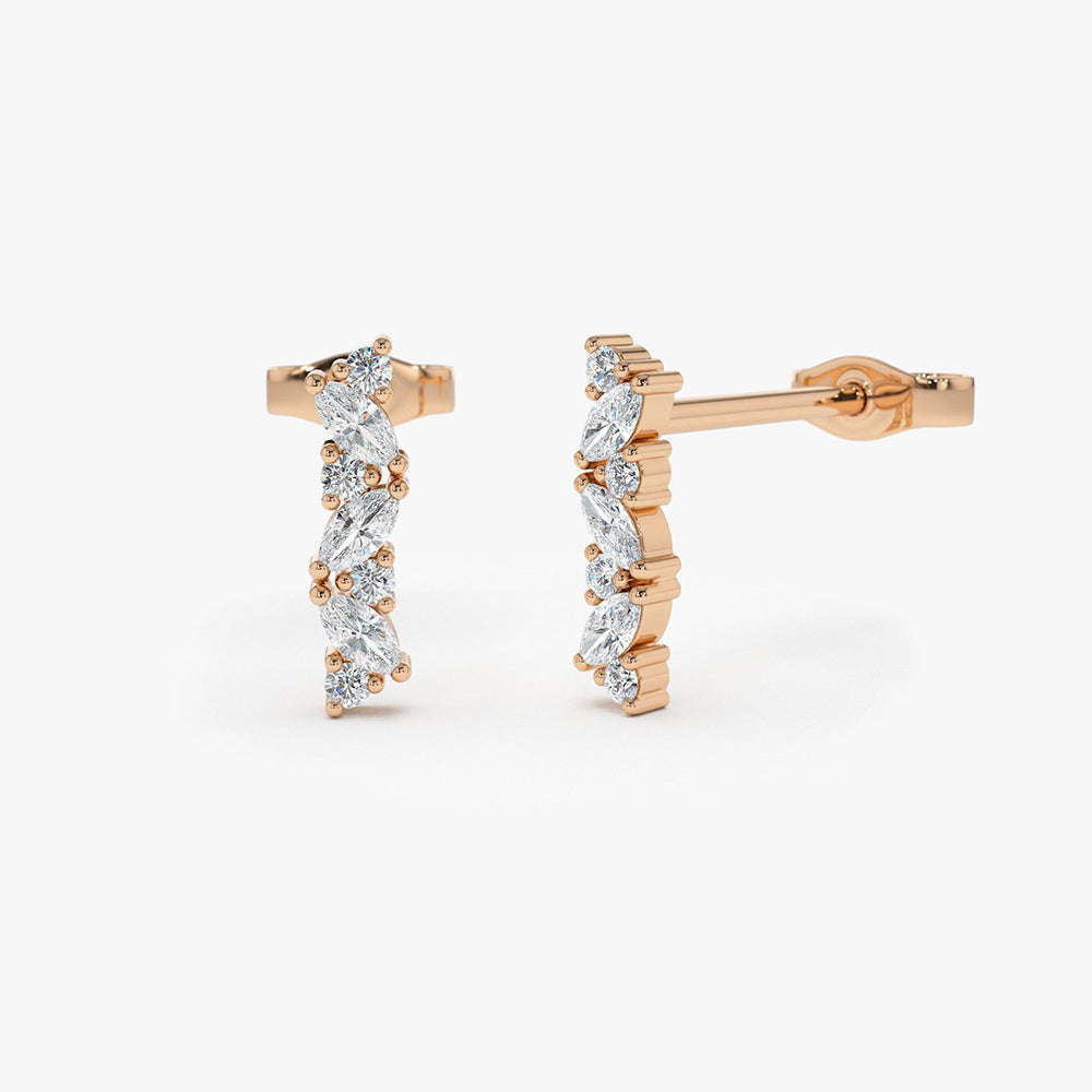 OBFJ1875 - 14K Gold Alternating Marquise and Round Diamond Studs 5