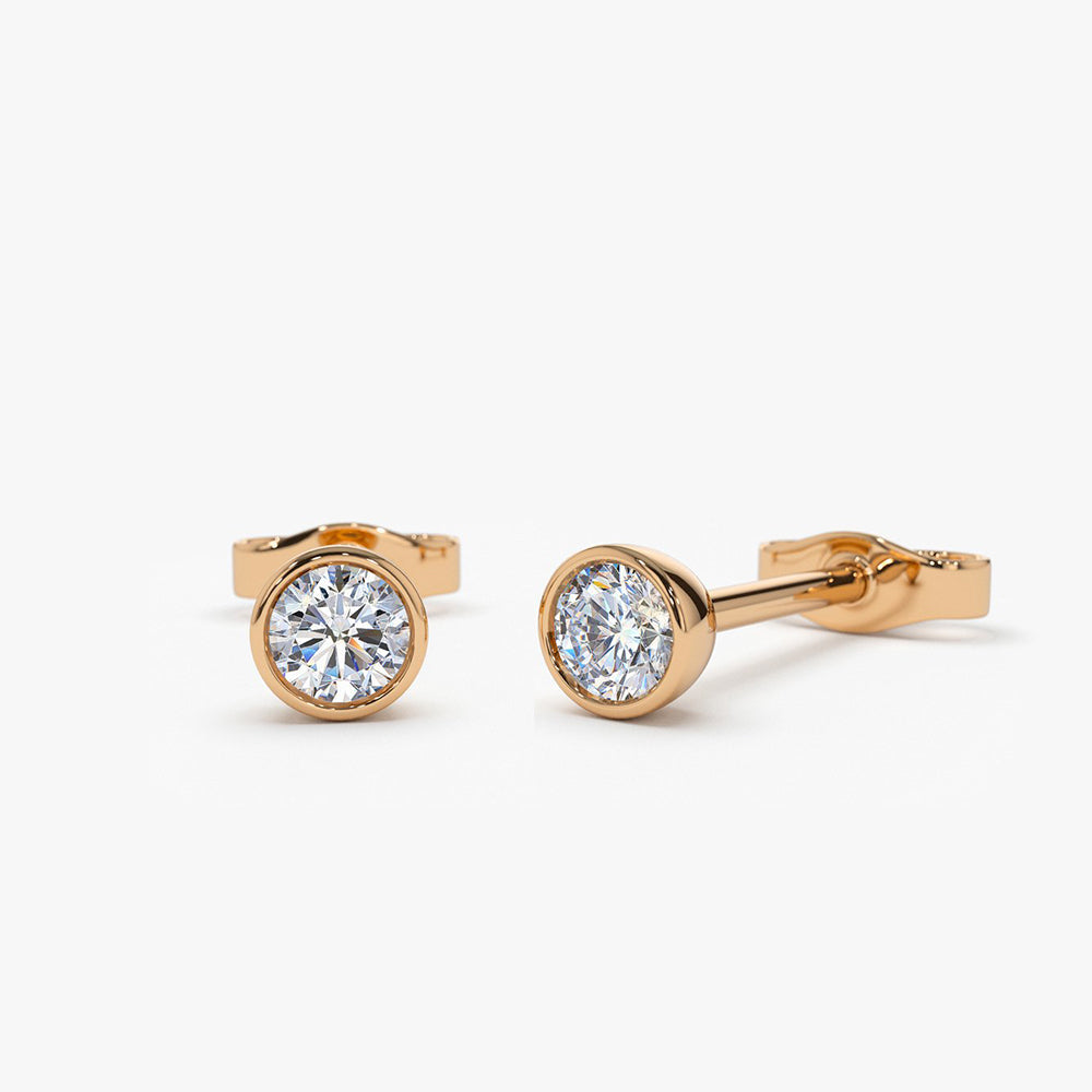 OBFJ1976 - Bezel Setting Round Diamond Studs earrings in selectable metal and diamond options - Roselle Jewelry view 4