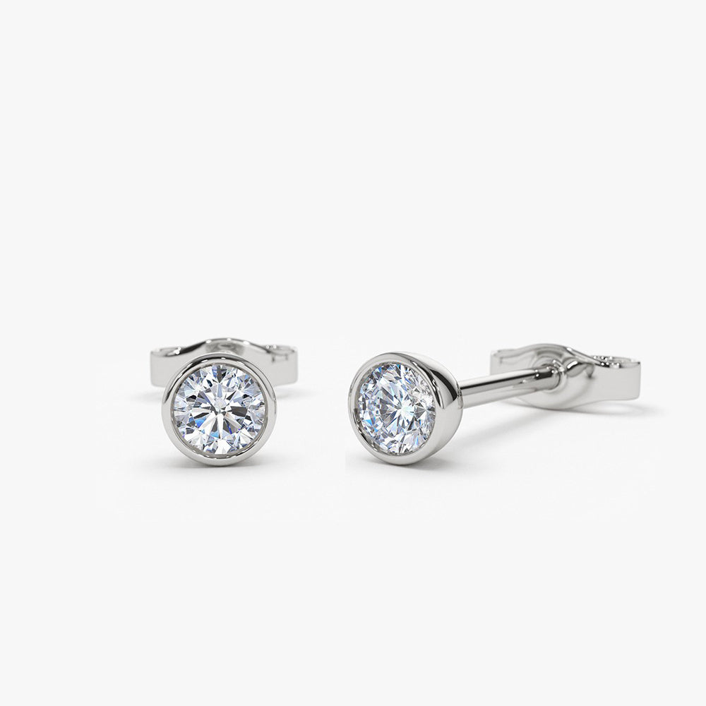 OBFJ1976 - Bezel Setting Round Diamond Studs earrings in selectable metal and diamond options - Roselle Jewelry view 5