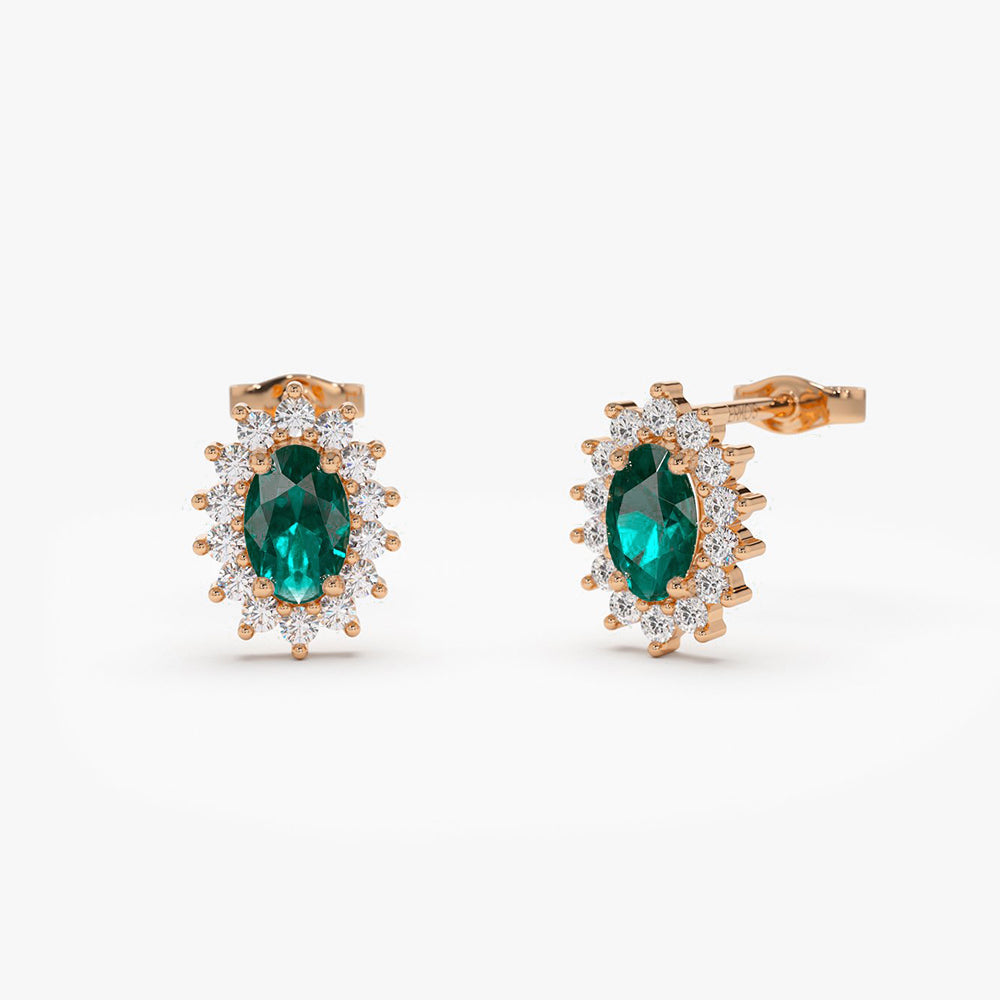 OBFJ2053 - 14k Emerald Earrings with Halo Diamonds 4