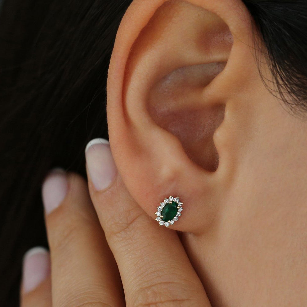 OBFJ2053 - 14k Emerald Earrings with Halo Diamonds 2