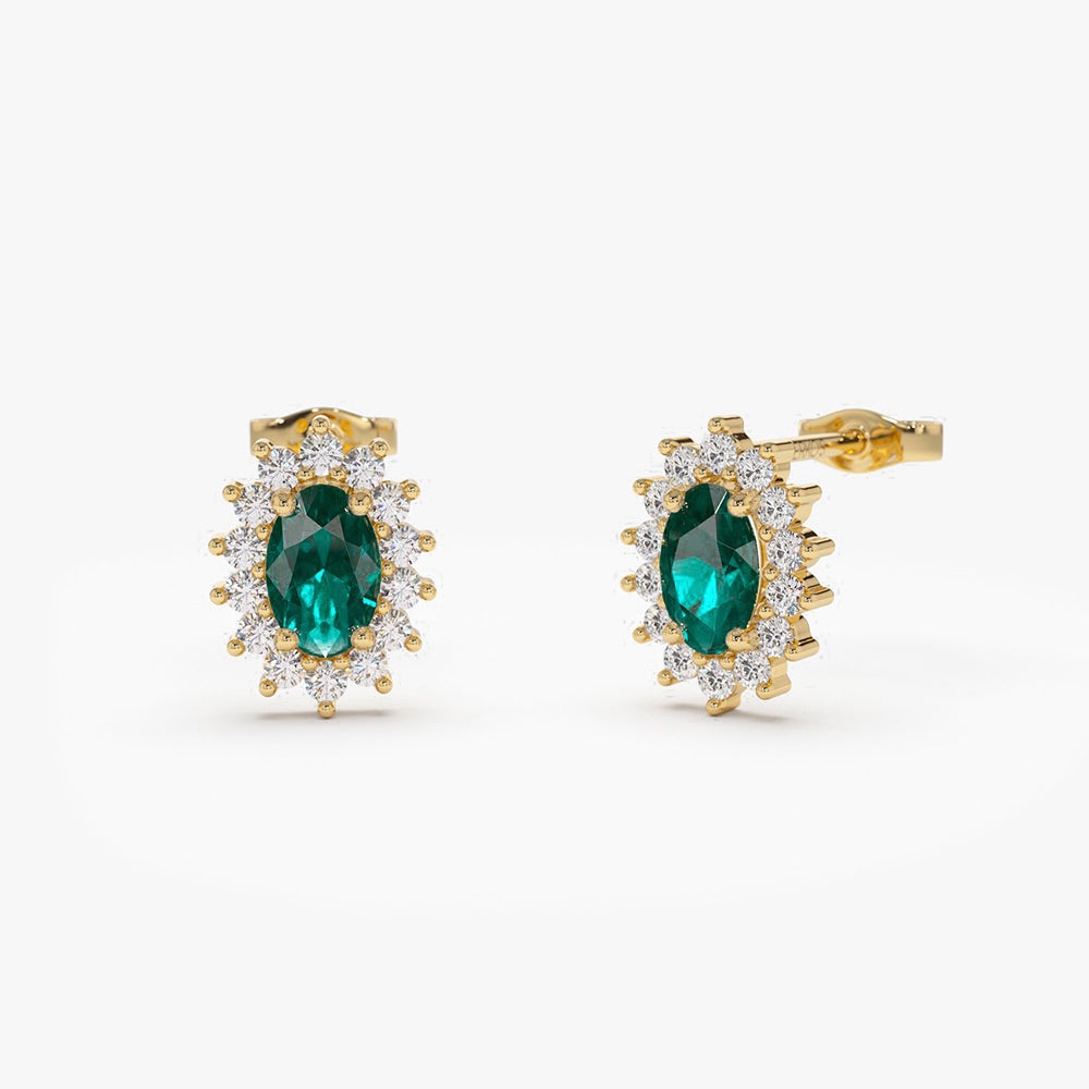 OBFJ2053 - 14k Emerald Earrings with Halo Diamonds 1