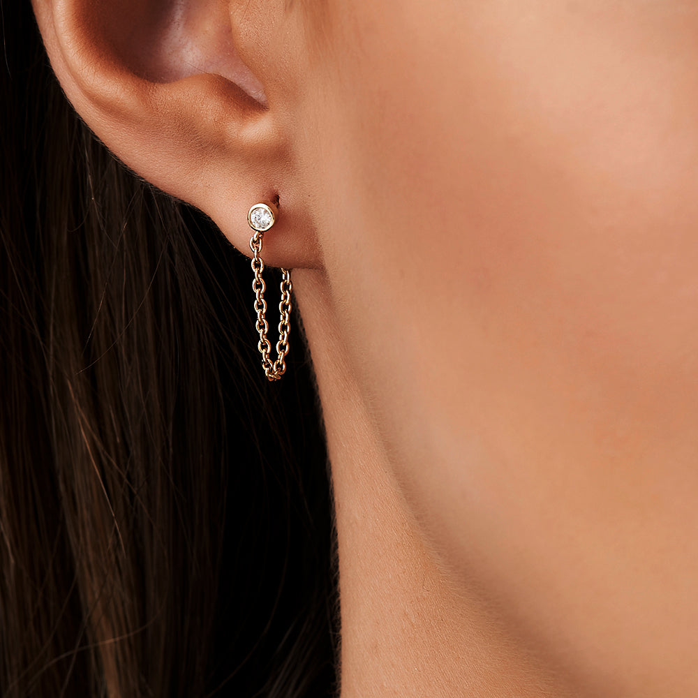 OBFJ0181 - 14k Rose Bezel Setting Diamond Studs Chain Earrings 3