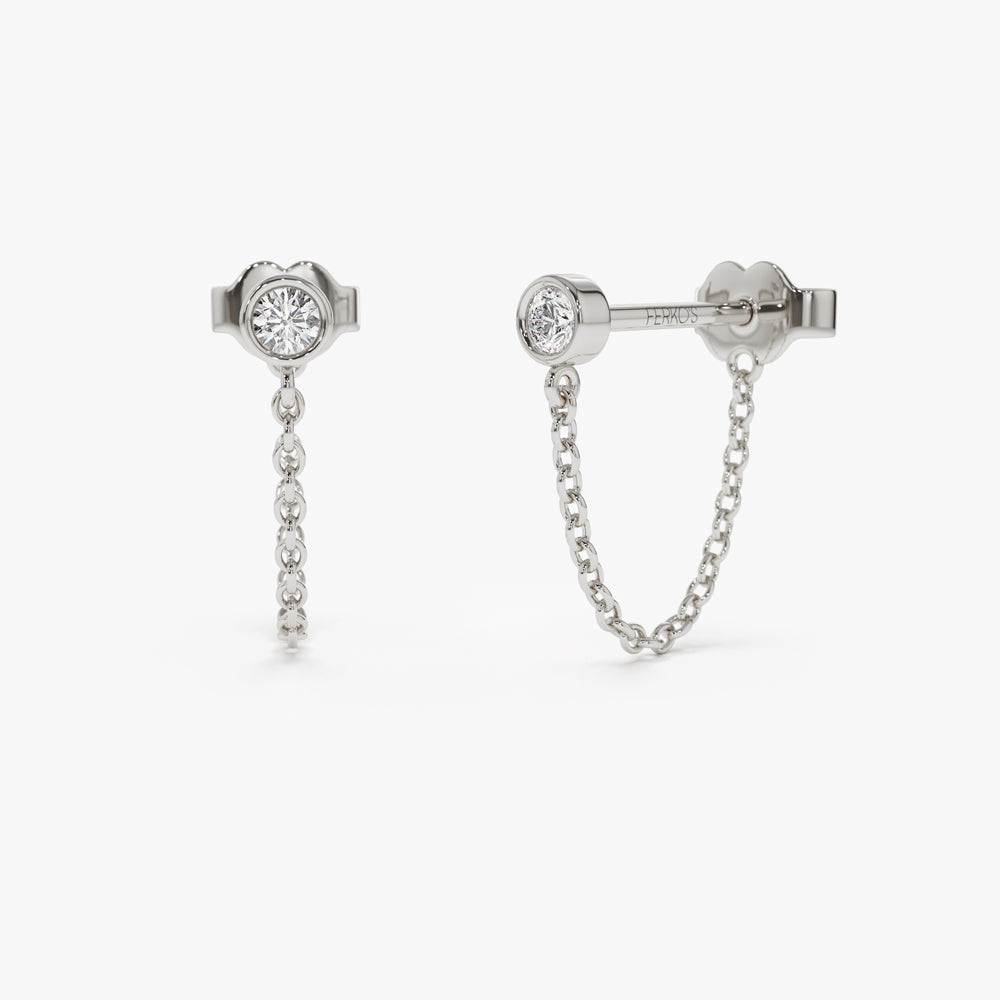 OBFJ2089 - 14k Bezel Setting Diamond Studs Chain Earrings 7