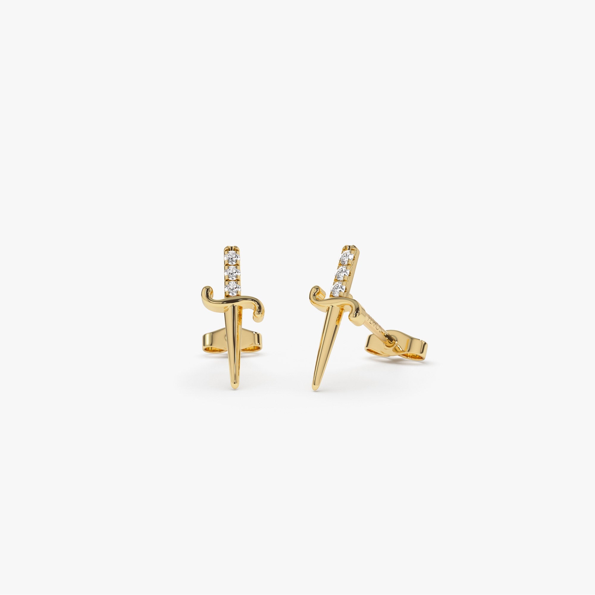 OBFJ1265 - 14k Gold Mini Sword Diamond Earrings 1