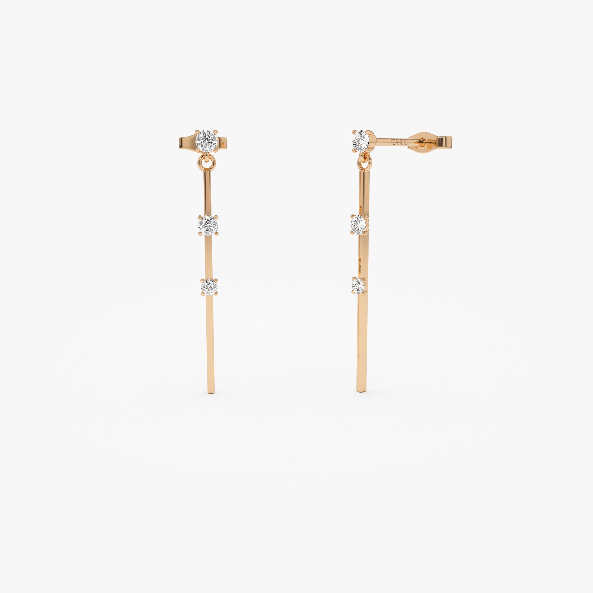 OBFJ1234 - 14K Linear Bar Triple Diamond Drop Earrings 4