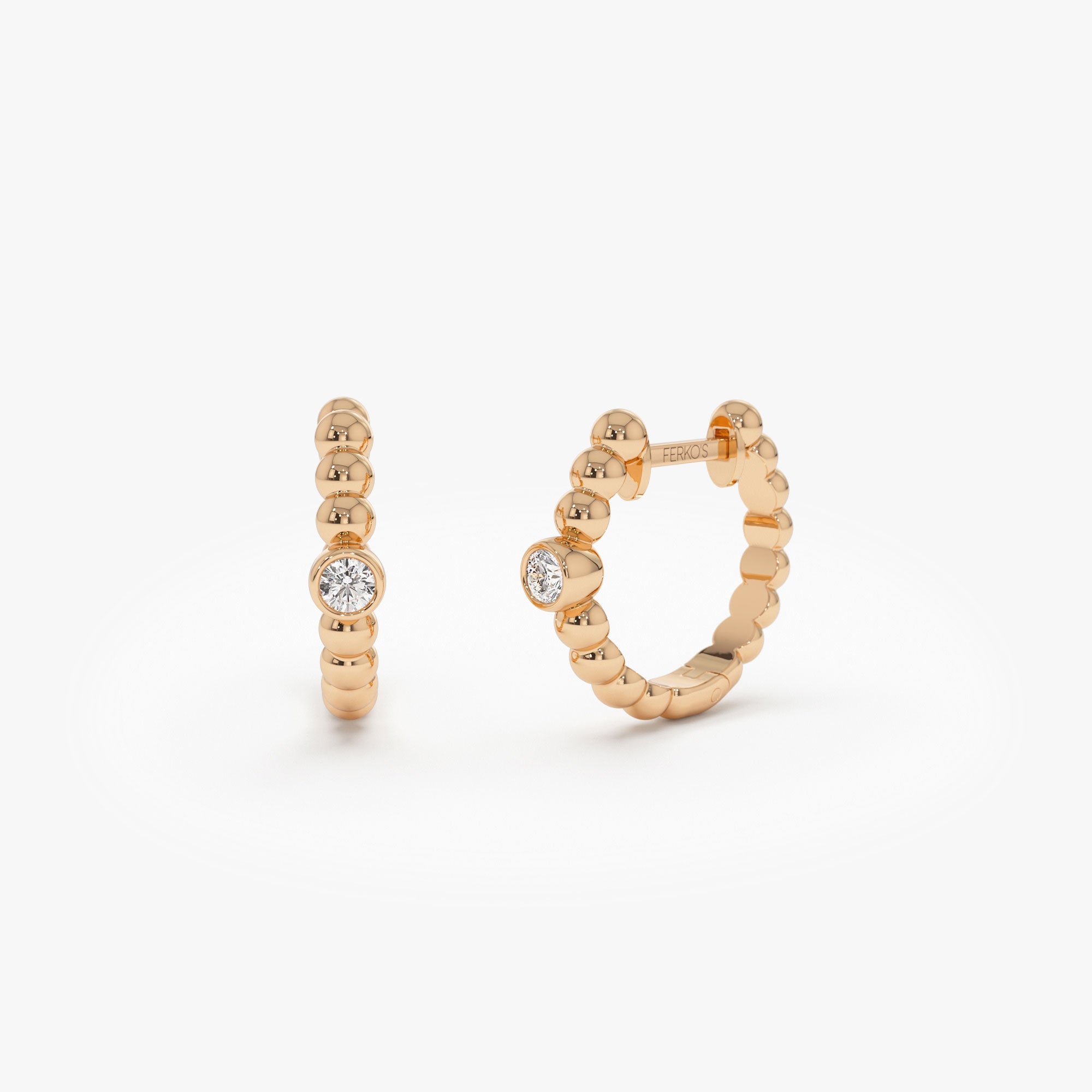 OBFJ1238 - 14k Bezel Setting Beaded Diamond Huggies 5