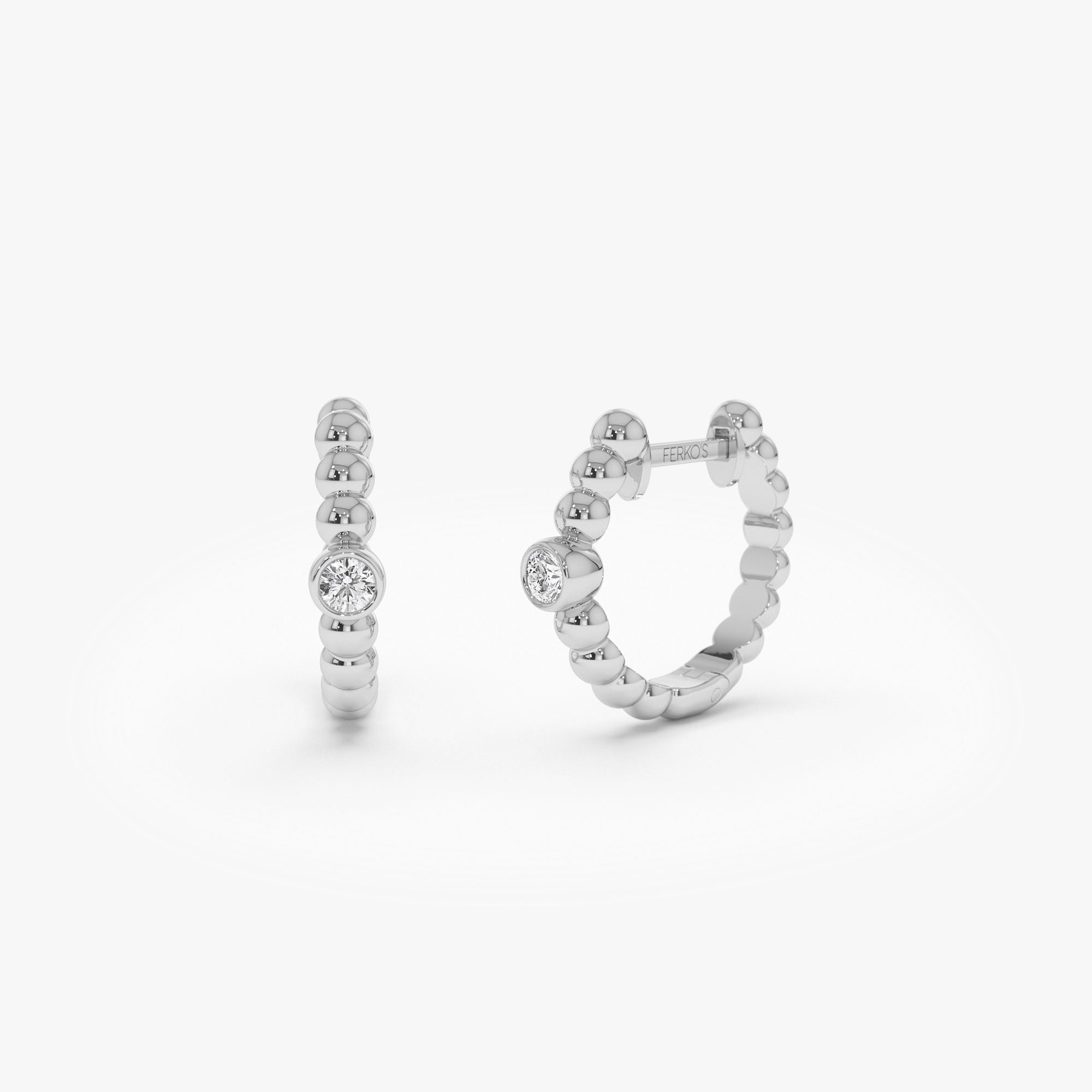 OBFJ1238 - 14k Bezel Setting Beaded Diamond Huggies 6