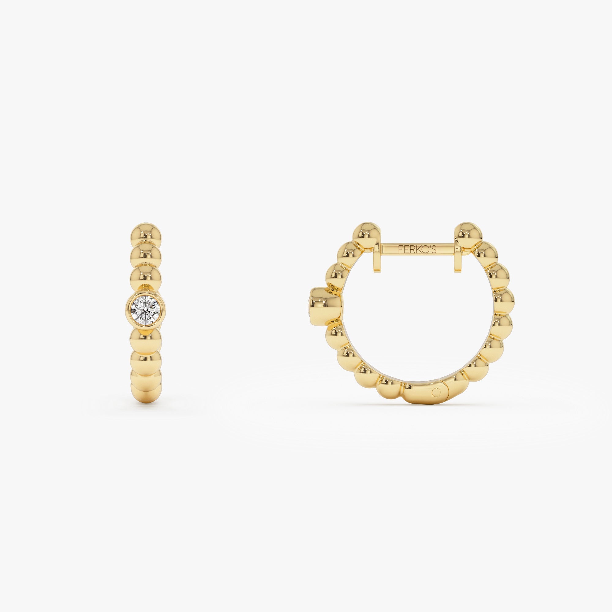 OBFJ1238 - 14k Bezel Setting Beaded Diamond Huggies 7