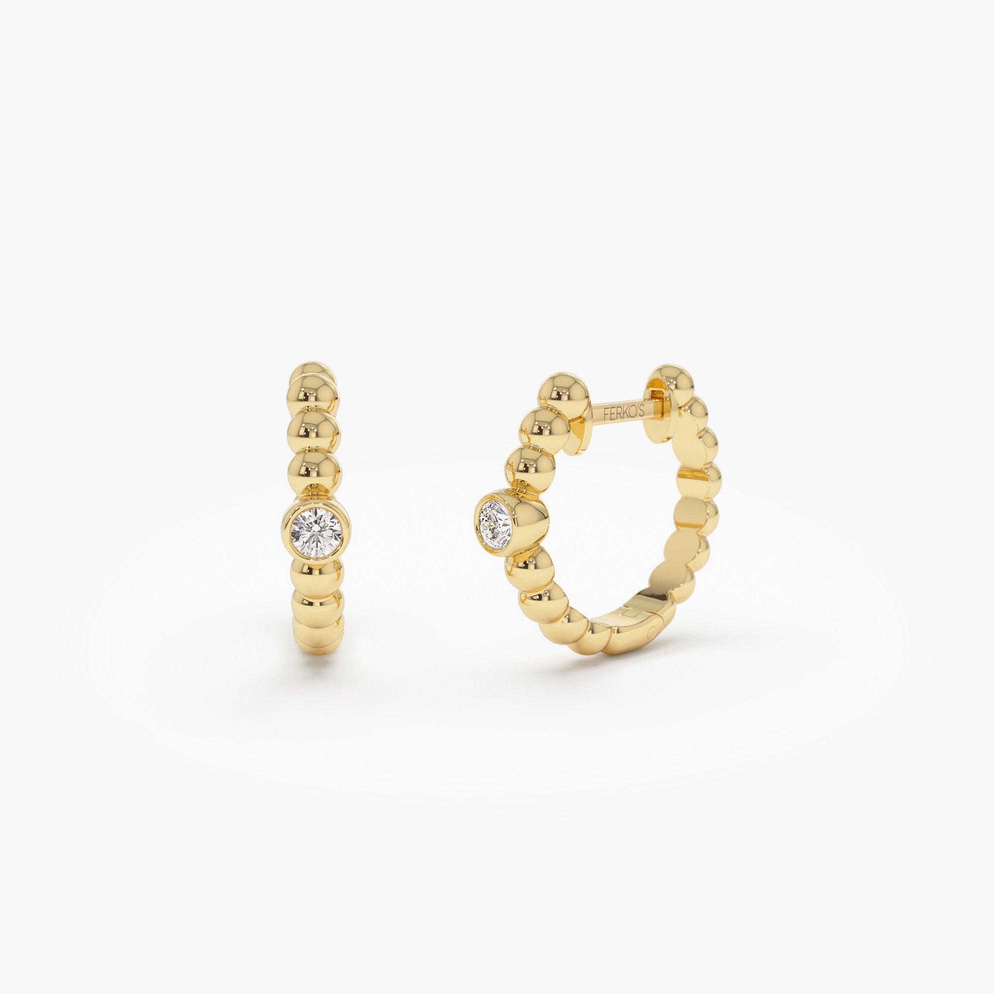 OBFJ1238 - 14k Bezel Setting Beaded Diamond Huggies 1