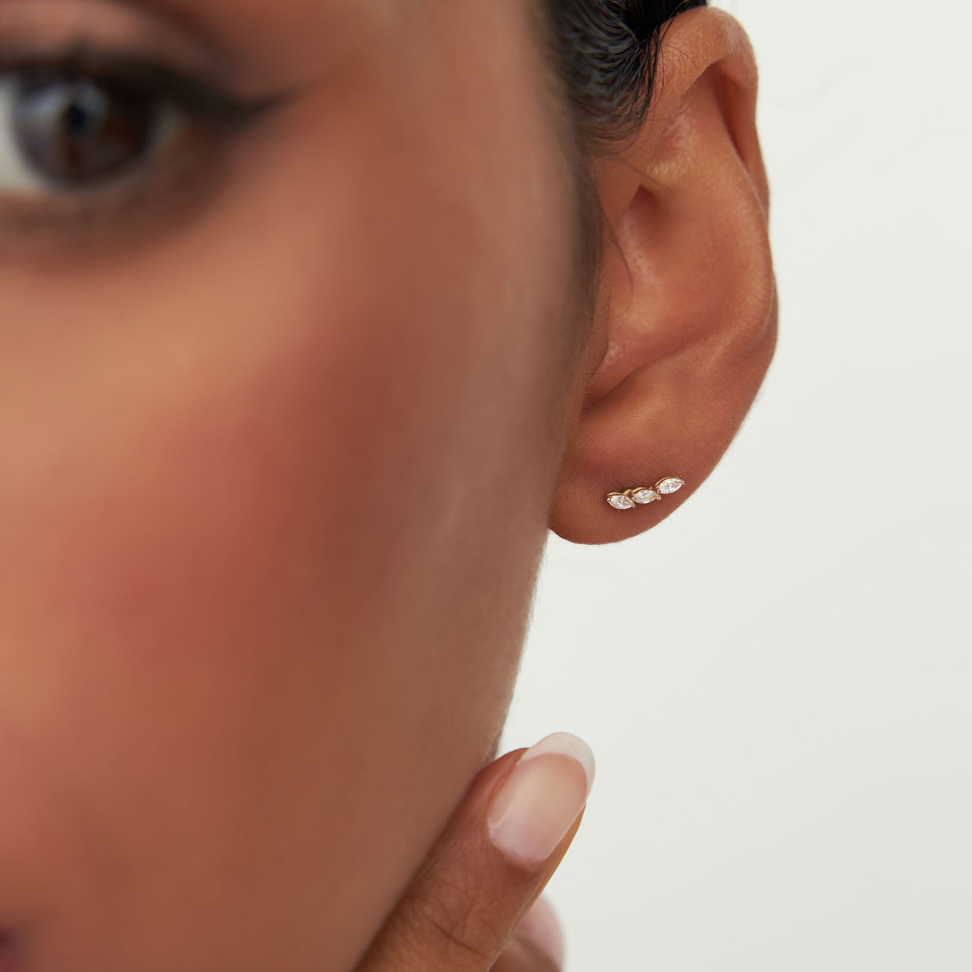 OBFJ1193 - 14k Three Stone Marquise Shaped Diamond Studs 4