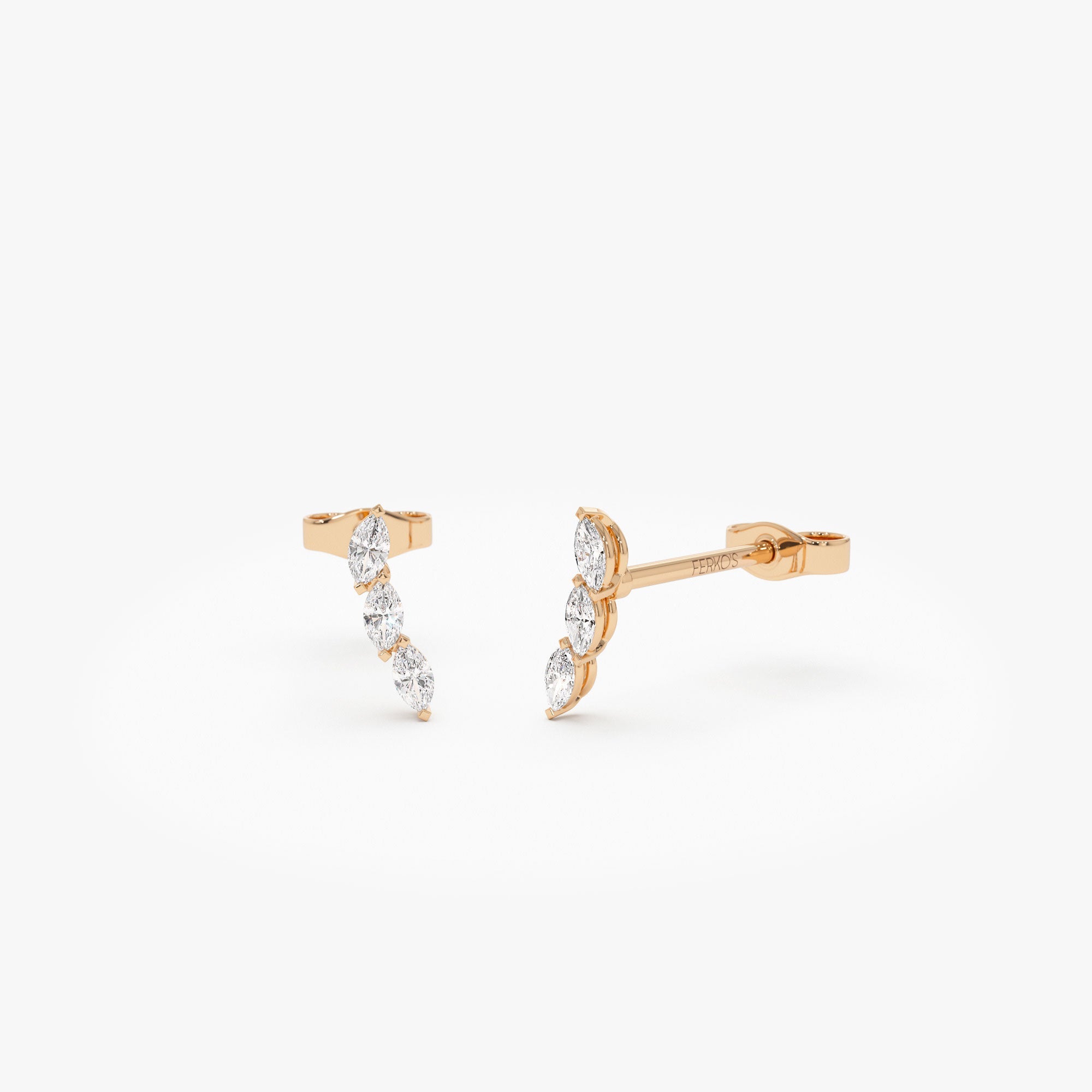 OBFJ1193 - 14k Three Stone Marquise Shaped Diamond Studs 5
