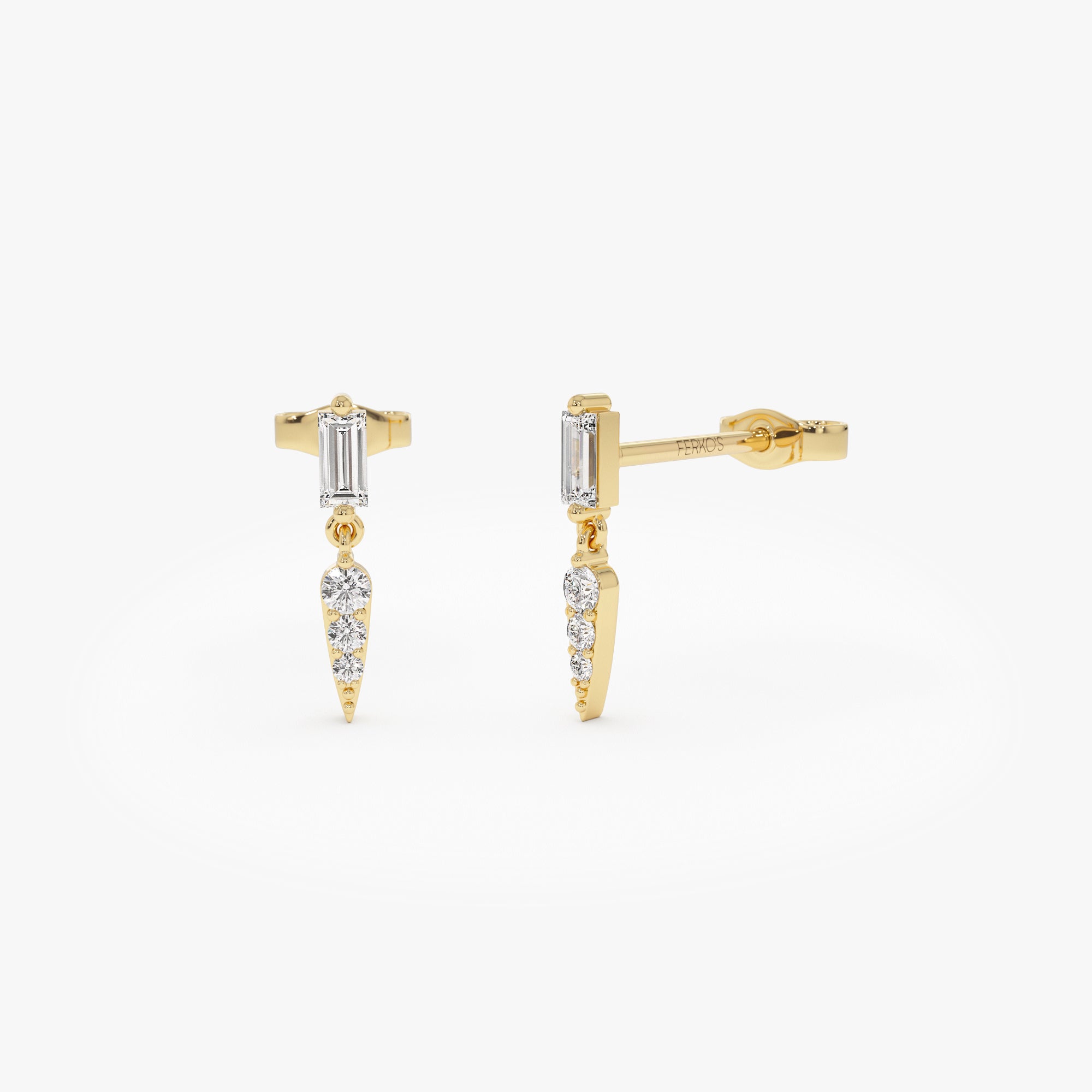 OBFJ1151 - 14k Baguette & Round Diamond Dangle Spike Earrings 1