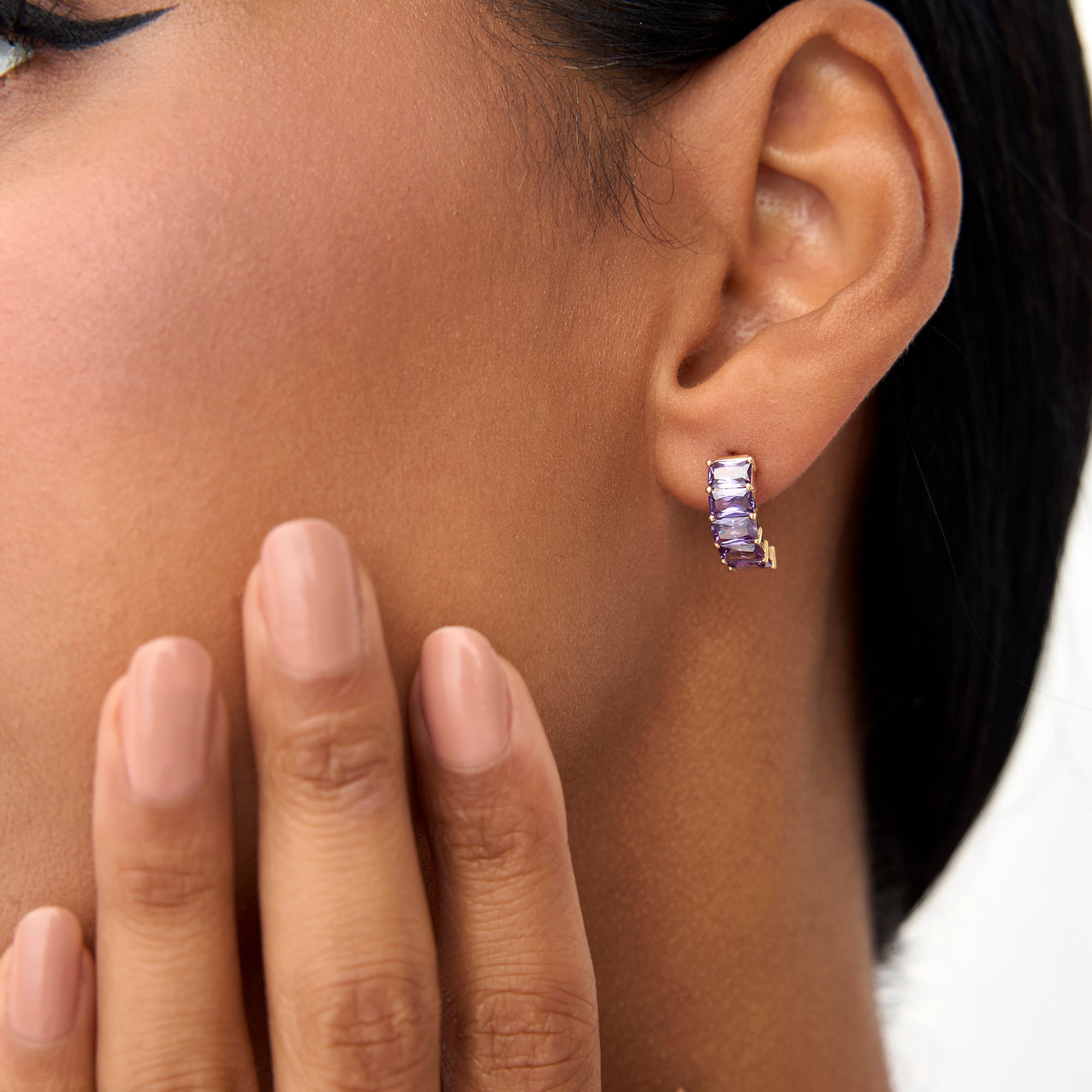 OBFJ0802 - 14K Emerald Cut Amethyst Half Hoop Earrings 6