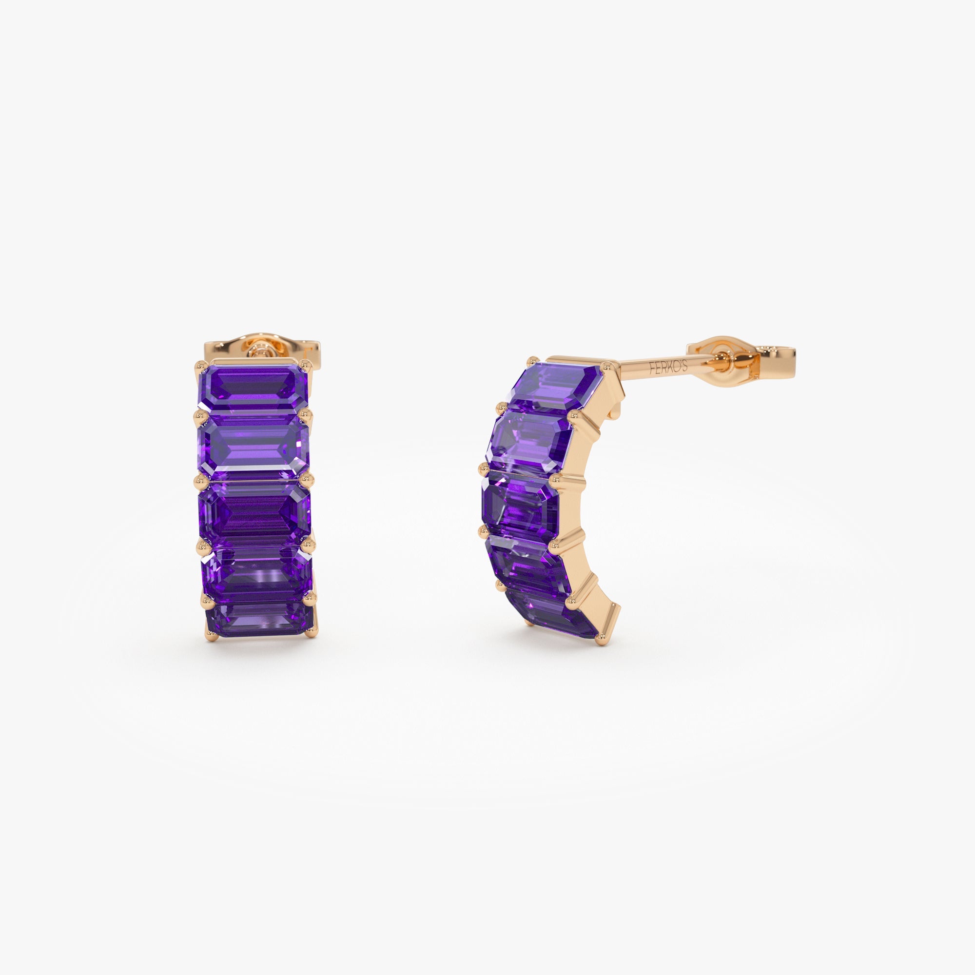 OBFJ0802 - 14K Emerald Cut Amethyst Half Hoop Earrings 3
