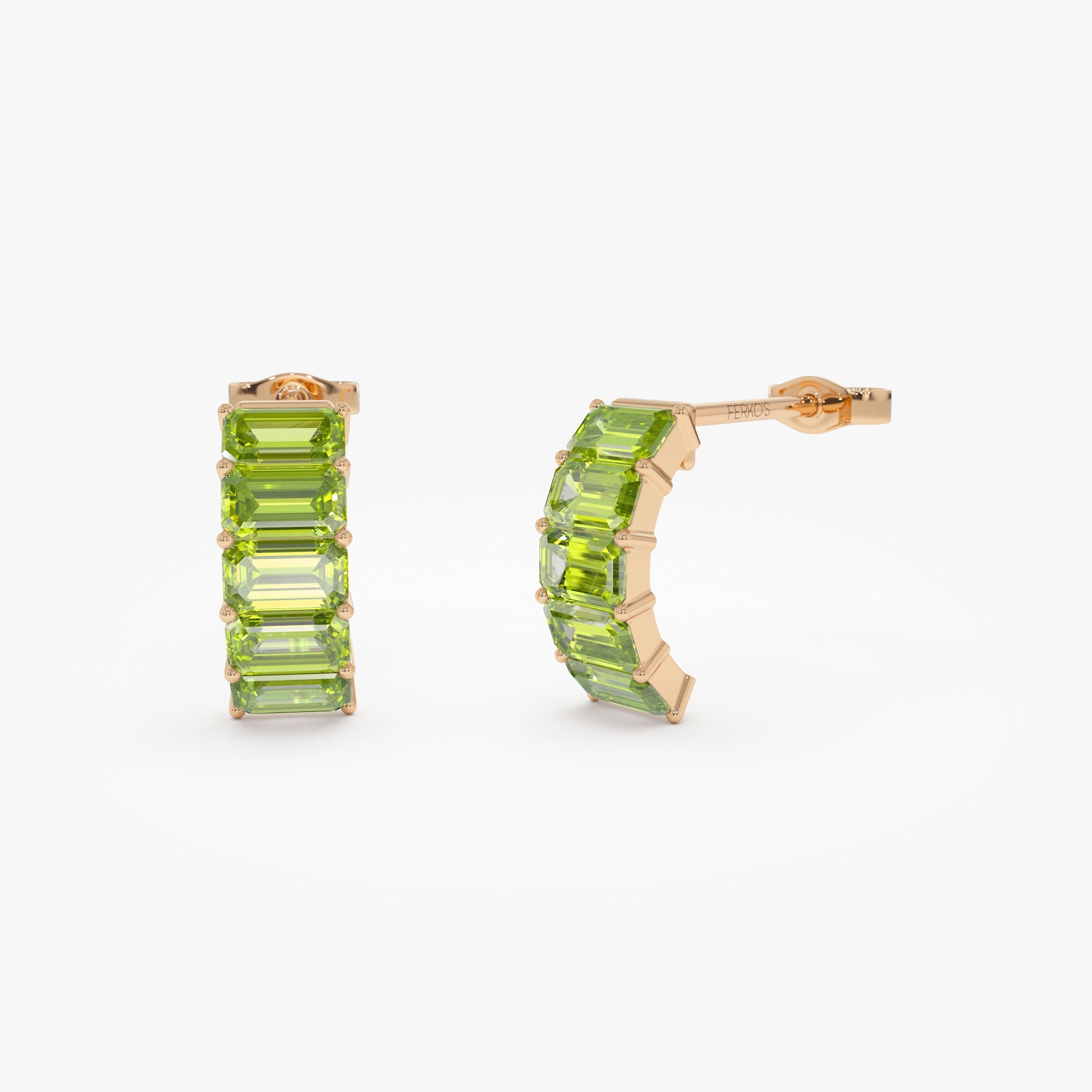 OBFJ0803 - 14K Emerald Cut Peridot Half Hoop Earrings 5