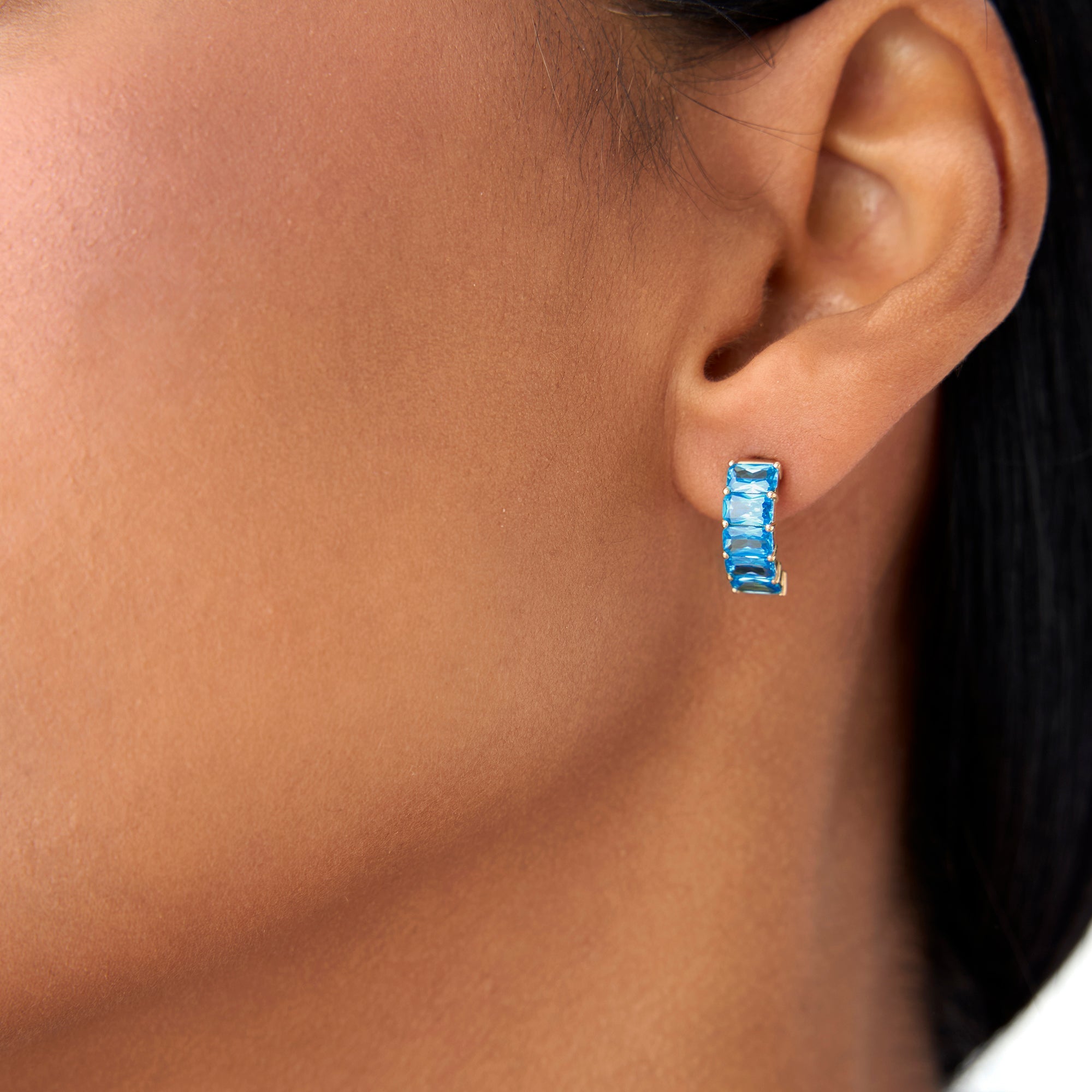 OBFJ0804 - 14K Emerald Cut London Blue Topaz Half Hoop Earrings 2