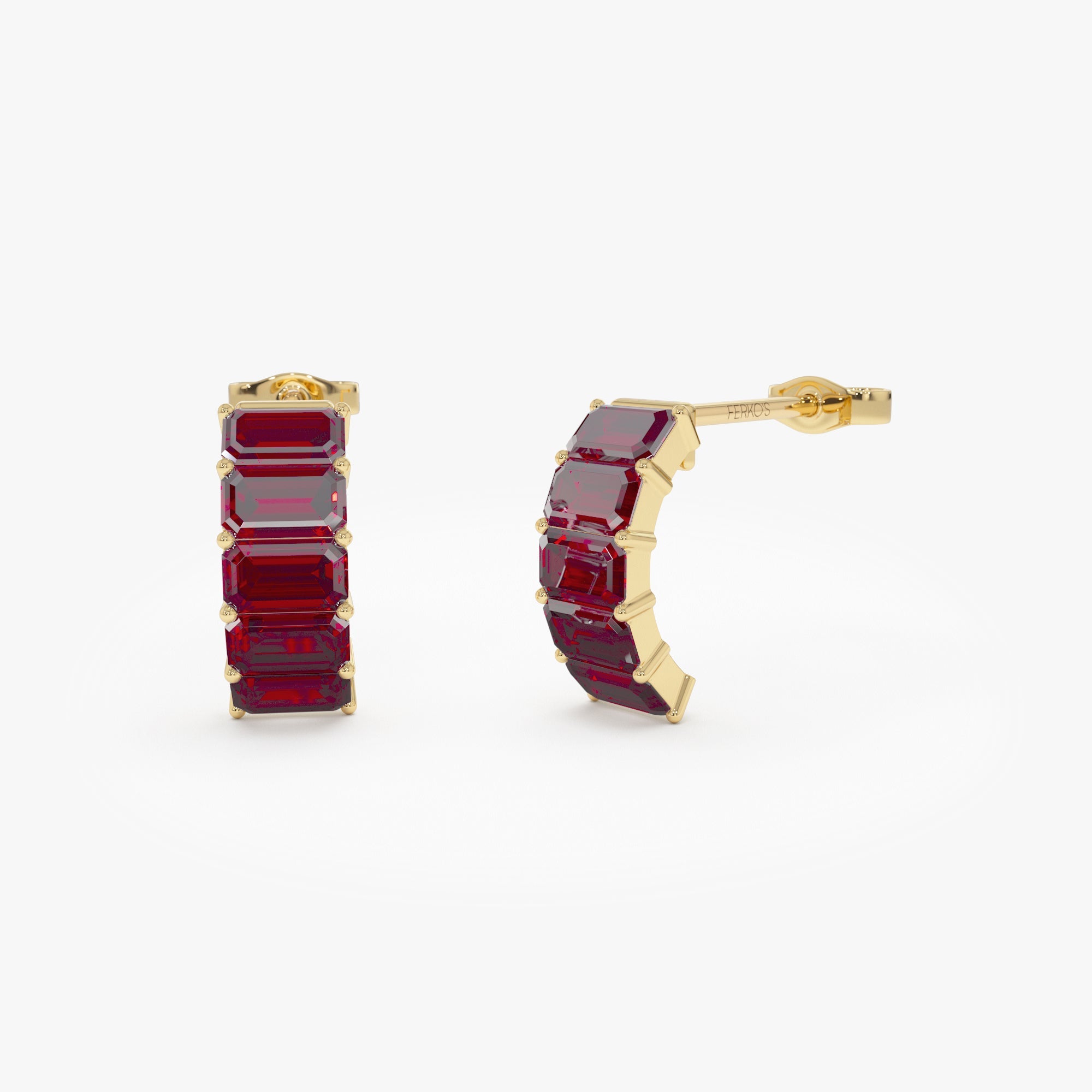 OBFJ0801 - 14K Emerald Cut Garnet Half Hoop Earrings 1