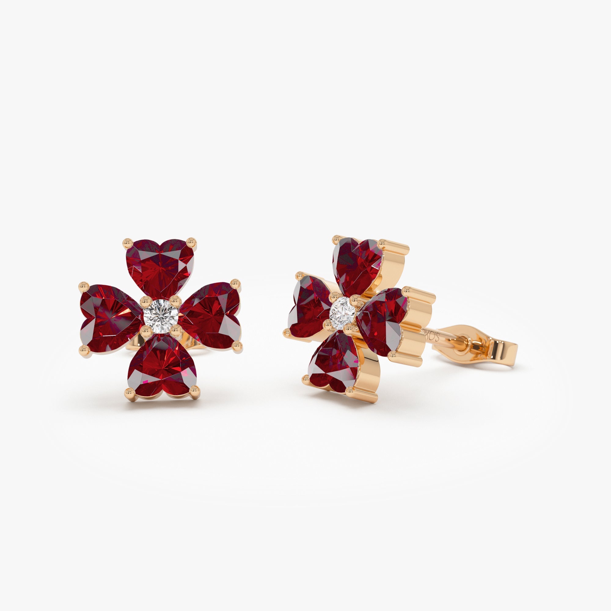 OBFJ0796 - 14k Garnet Four Leaf Clover Studs 4