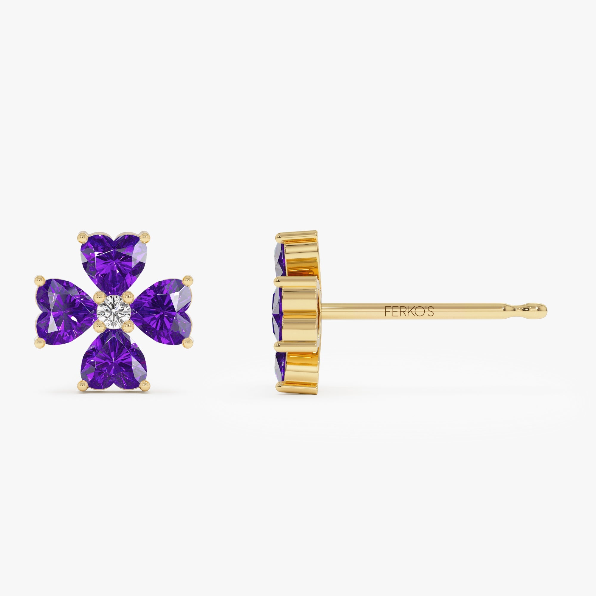OBFJ0799 - 14k Amethyst Four Leaf Clover Studs 5