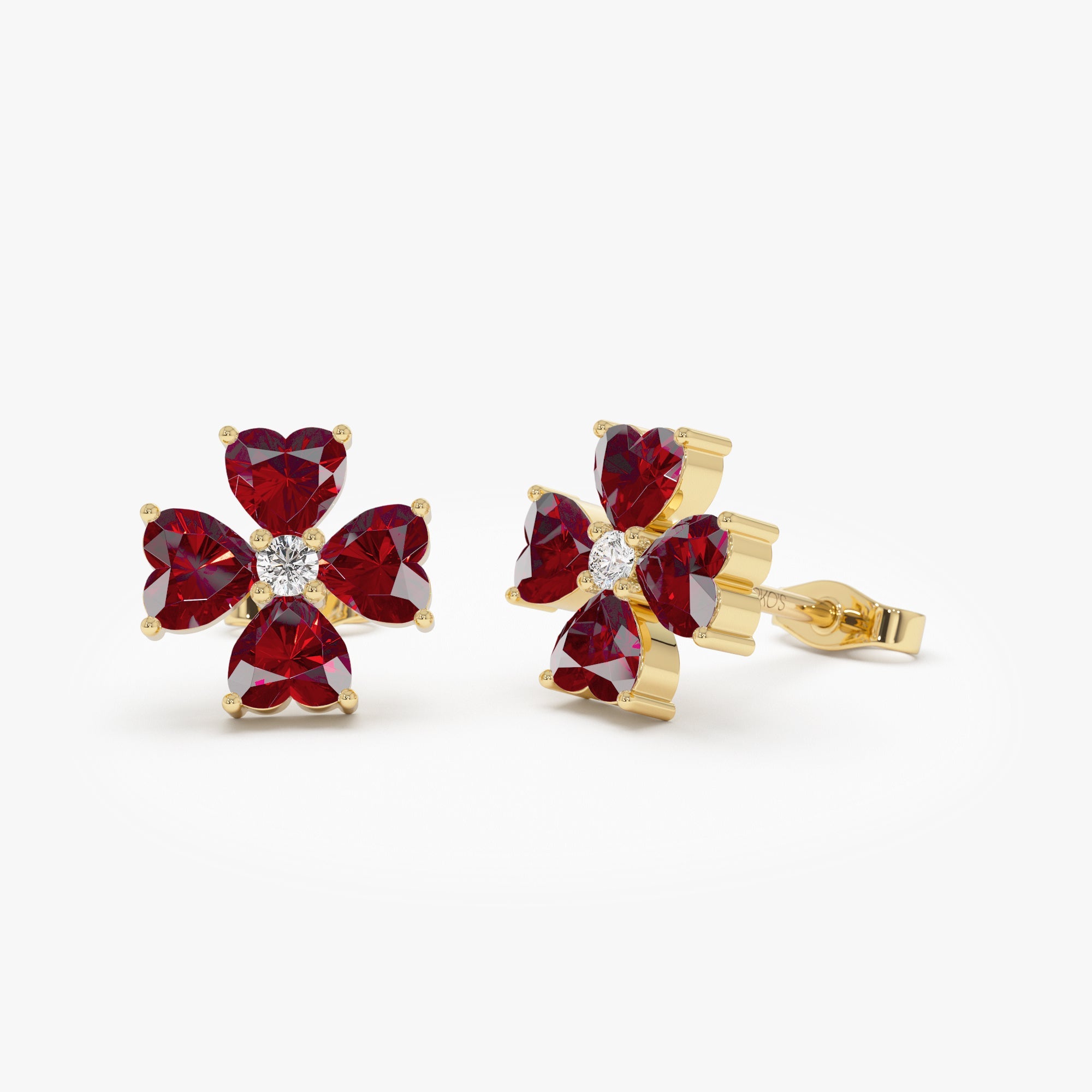 OBFJ0796 - 14k Garnet Four Leaf Clover Studs 1