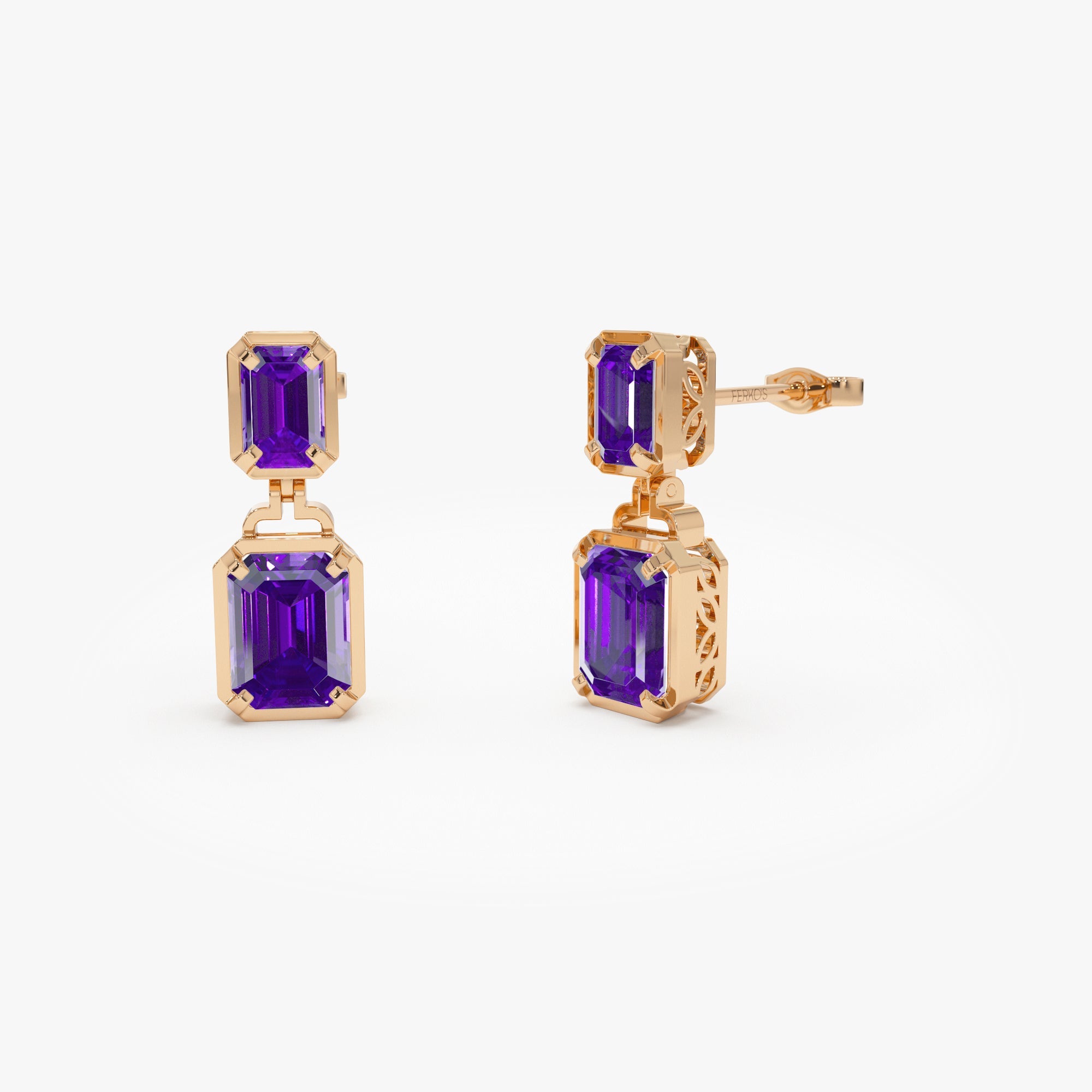 OBFJ0807 - 14K Emerald Amethyst Dangle Drop Earrings 5