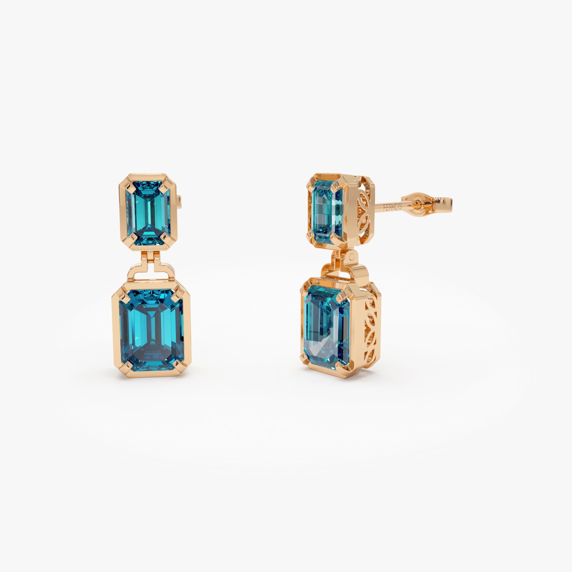 OBFJ0810 - 14K Emerald London Blue Topaz Dangle Drop Earrings 5